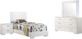 Benzara Sok 4pc Twin Bedroom Set, Blue LED Lights, Faux Leather, White Wood