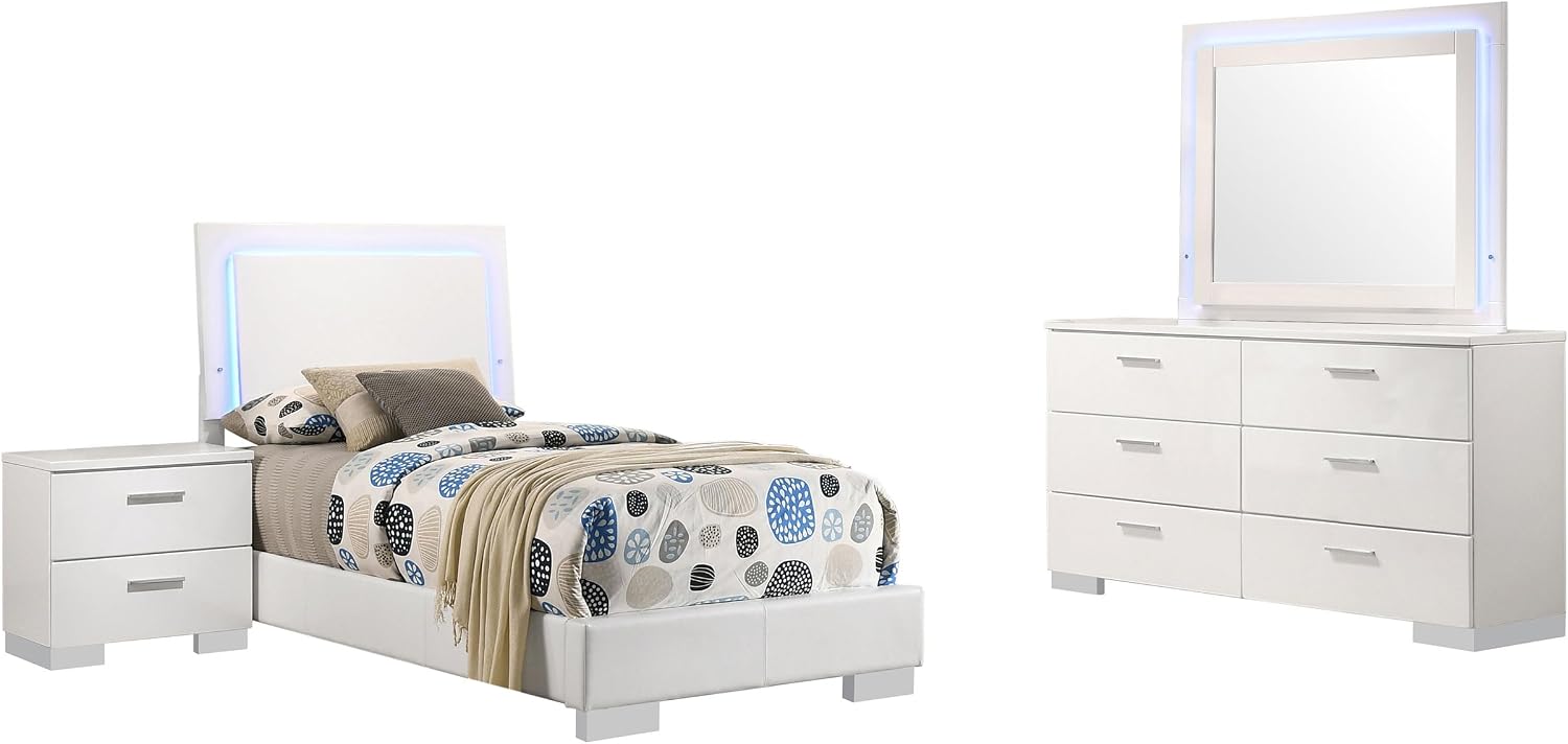 Benzara Sok 4pc Twin Bedroom Set, Blue LED Lights, Faux Leather, White Wood