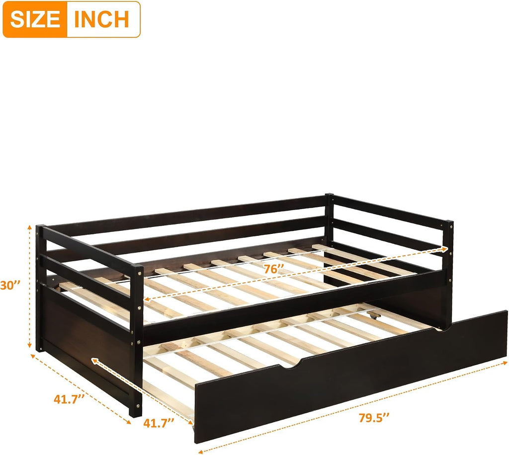 SECOLI Sturdy Wood Twin Size Bed Frame Daybed with Trundle Frame Set, Twin Size, Espresso