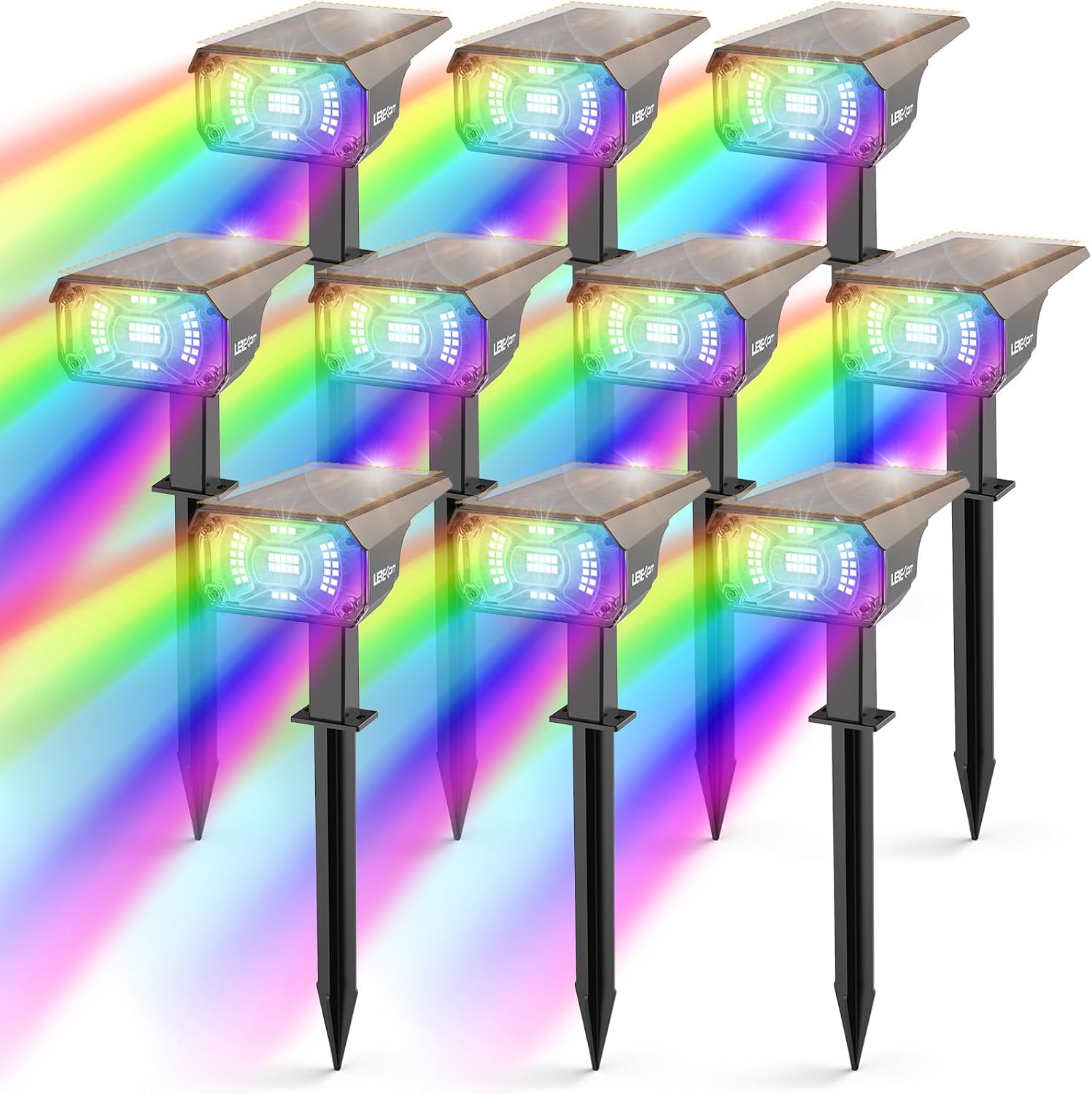 LEREKAM Solar Spot Lights Outdoor Color Changing, IP65 Garden Lights Solar Powered Waterproof with 9 Light Modes, Colored Landscape Lighting Auto On/Off, for Garden Pool Area Pond Yard, 10 Pack