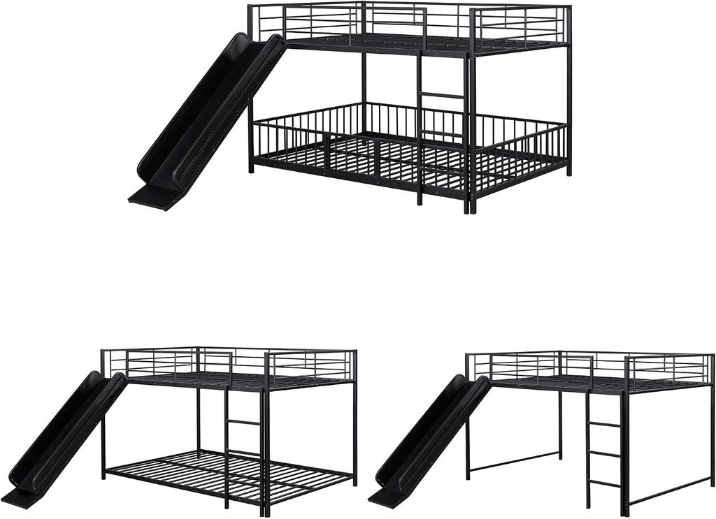 JIVOIT Metal Bunk Bed Frame with Slide and Ladder, Full Over Full Bunk Bed Size with Metal Slats Support, Full-Length Guardrail, Heavy Duty Metal Low Bunk Bed, No Box Spring Needed (Black,Full,09)