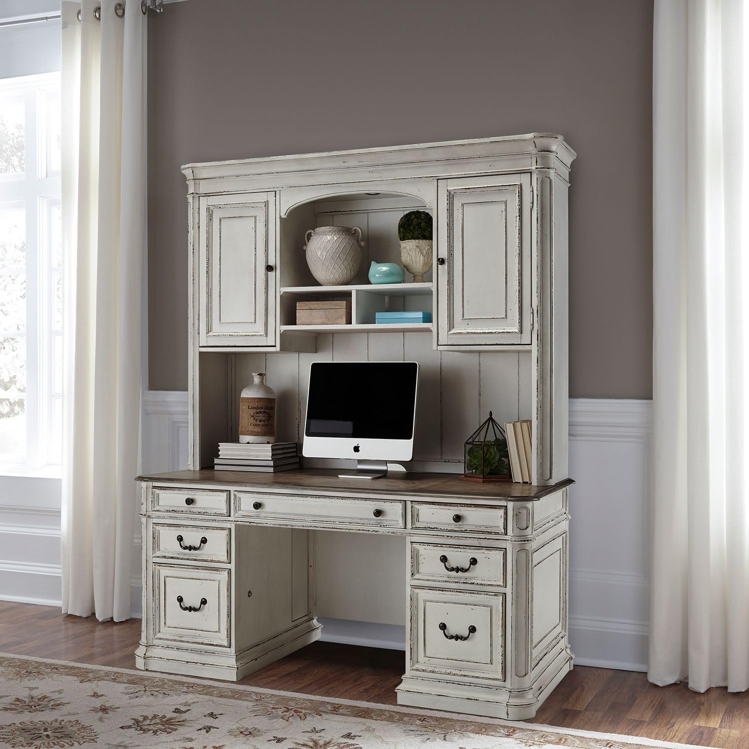 Liberty Furniture Magnolia Manor Complete 5 Piece Desk Set for Home Office - Antique White & Weathered Bark