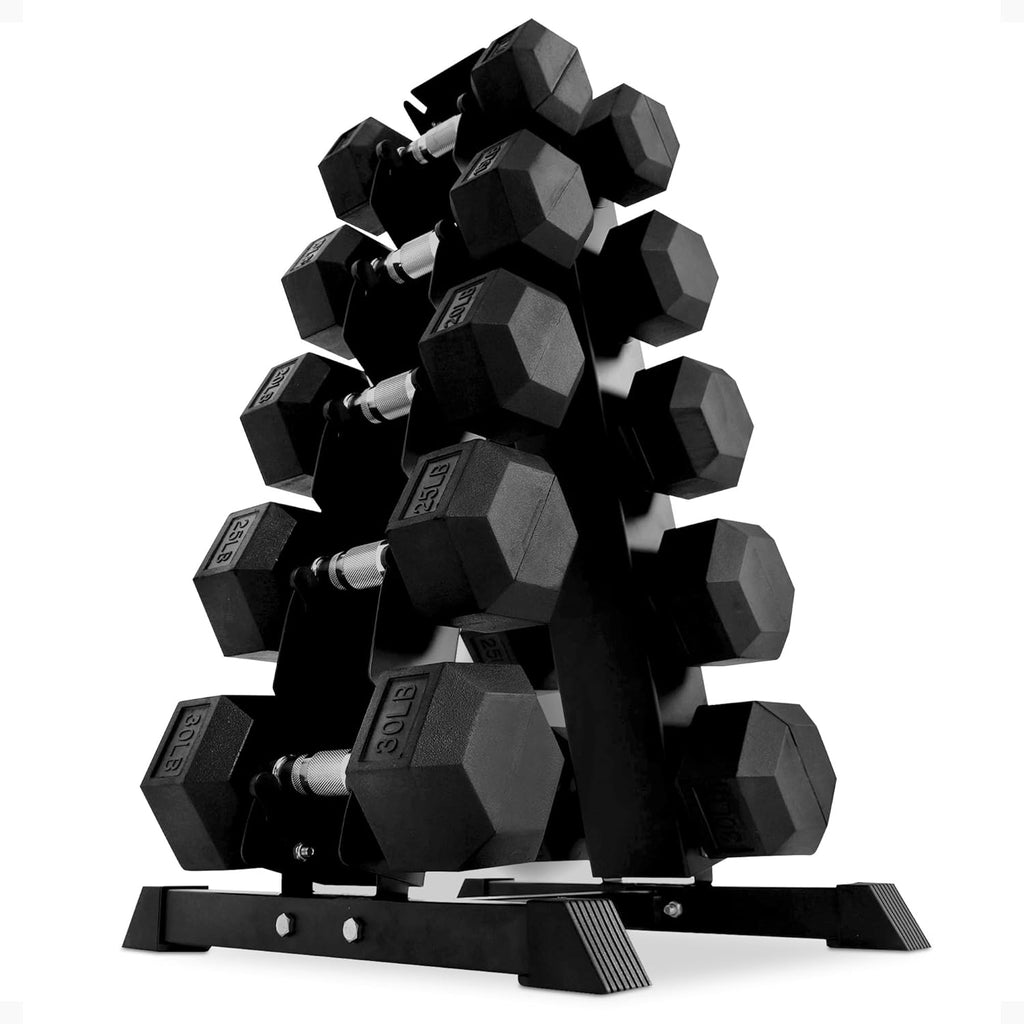 BalanceFrom Rubber Coated Hex Dumbbell Set with A-Frame Rack, Black – Solid Cast Iron Home Gym Weights with Chrome Handles for Full-Body Strength Training and Muscle Toning