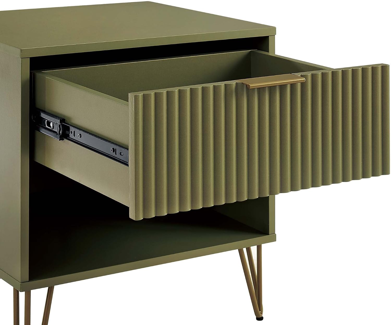 Manhattan Comfort DUMBO 2 Piece Modern Set, 3 Drawer Dresser, 1 Drawer Nightstand with Fluted Ribbed Front, Gold Metal Legs, No Tool Assembly, Storage Cabinet for Bedroom or Living Room in Olive Green
