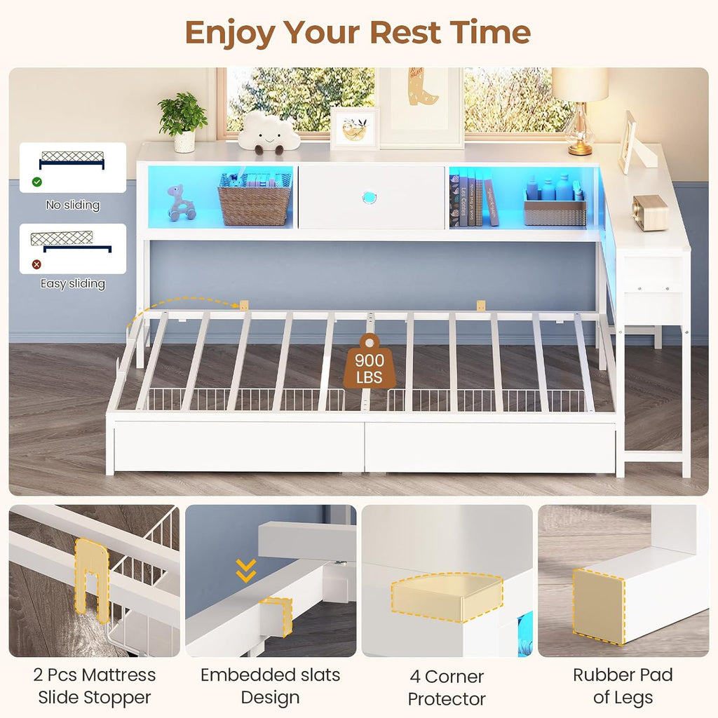 Hasuit Corner Twin Bed Frame with Storage Drawers and Bookcase Headboard, Twin Size Metal Platform Corner Bed Frame with Charging Station and LED Lights, Twin Daybed for Kids Teens Guests, White