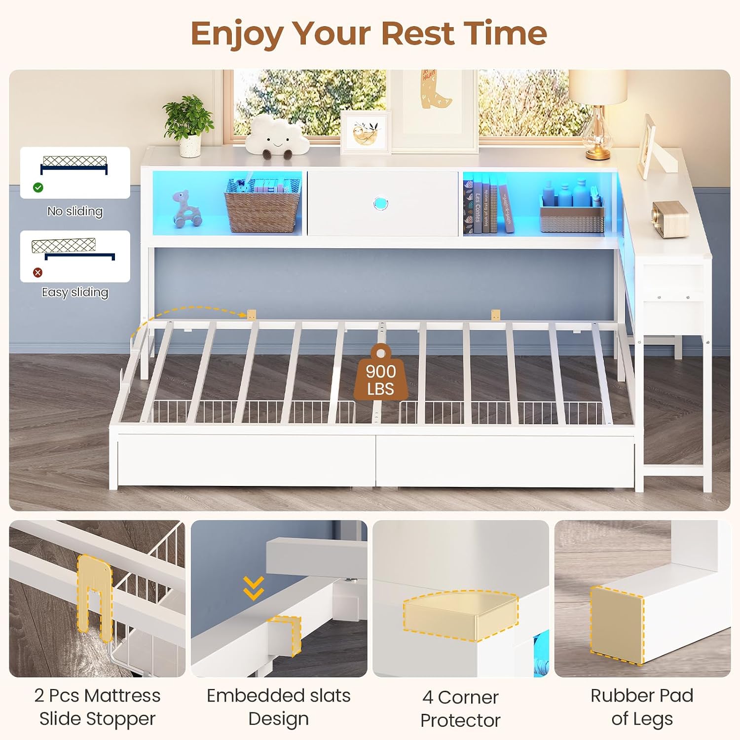 Hasuit Corner Twin Bed Frame with Storage Drawers and Bookcase Headboard, Twin Size Metal Platform Corner Bed Frame with Charging Station and LED Lights, Twin Daybed for Kids Teens Guests, White