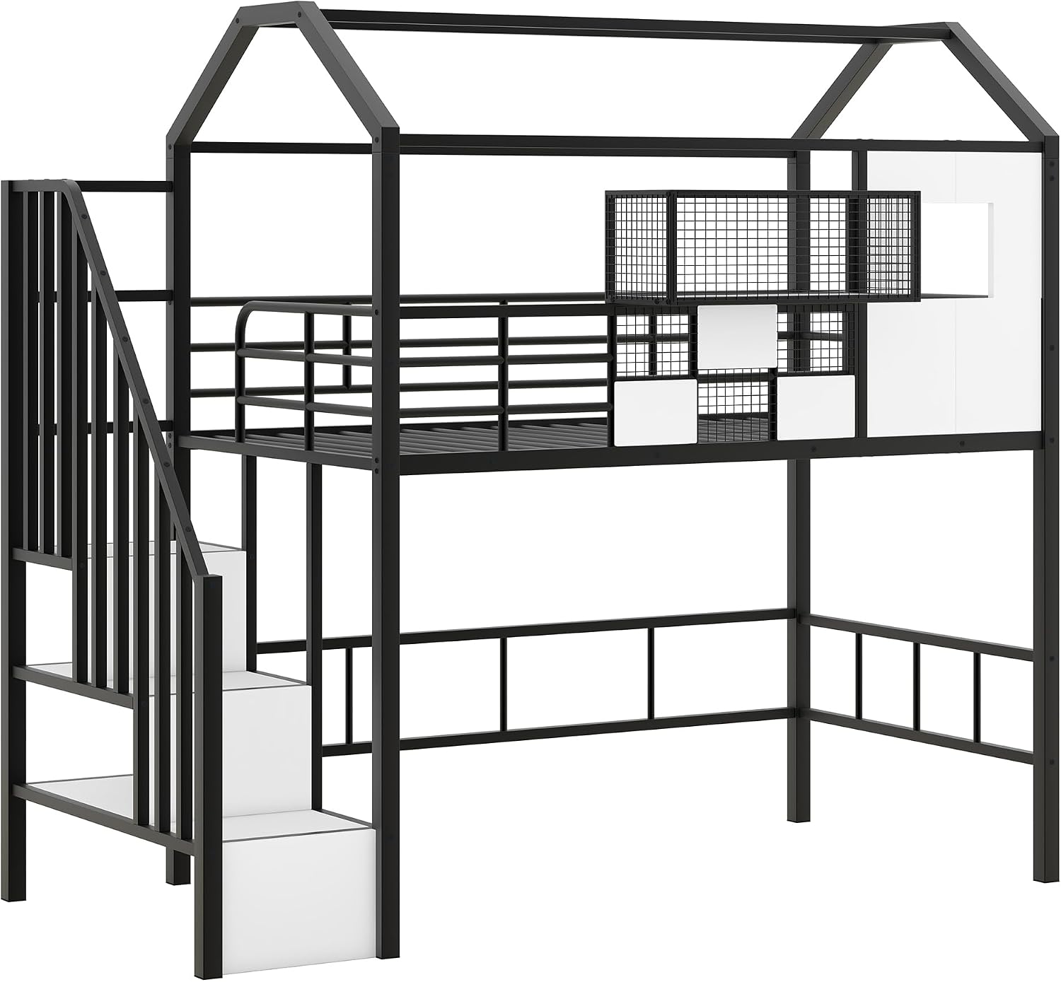 GOWE Metal Loft Bed with roof Design and a Storage Box, Twin, Black