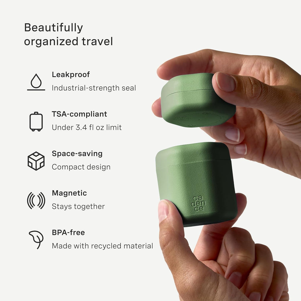 Cadence Travel Containers - Daily Routine Capsule Set - Magnetic Containers with Lids,4 Flex Mediums (1.32oz) & 3 Flex Smalls (0.56oz) - Shampoo, Conditioner, Body Wash, Pills, & More - Eucalyptus