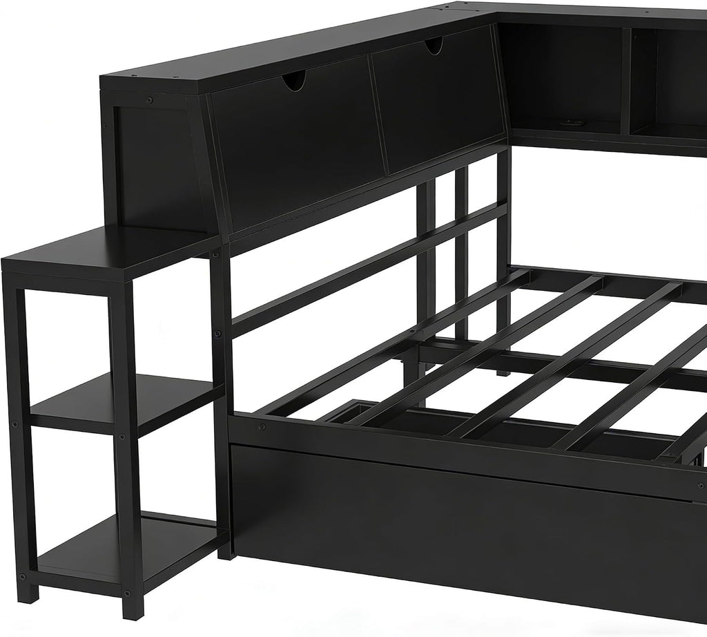 Bellemave Twin Size Corner Bed Frame with Desk and Storage Drawers,Twin Metal Platform Corner Bed Frame with Charging Station and LED Lights, Twin Daybed for Kids Teens Guests,Black