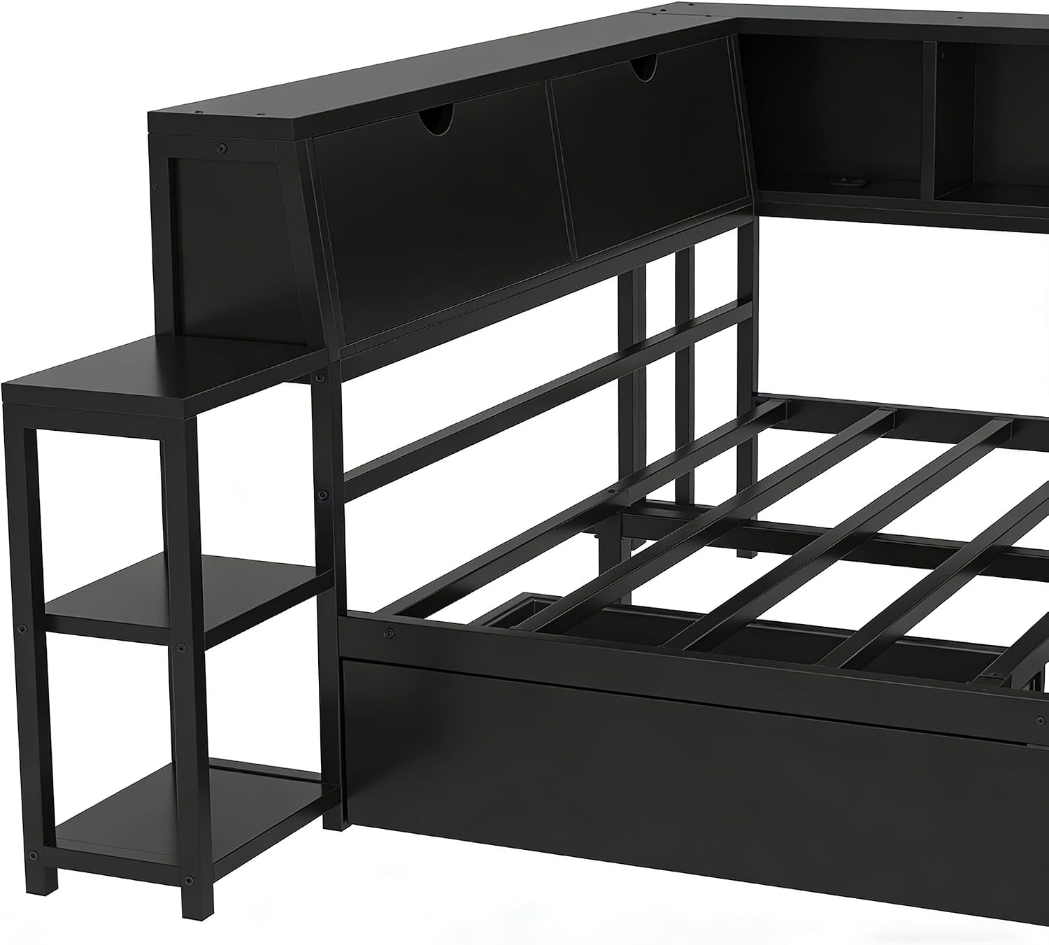 Bellemave Twin Size Corner Bed Frame with Desk and Storage Drawers,Twin Metal Platform Corner Bed Frame with Charging Station and LED Lights, Twin Daybed for Kids Teens Guests,Black