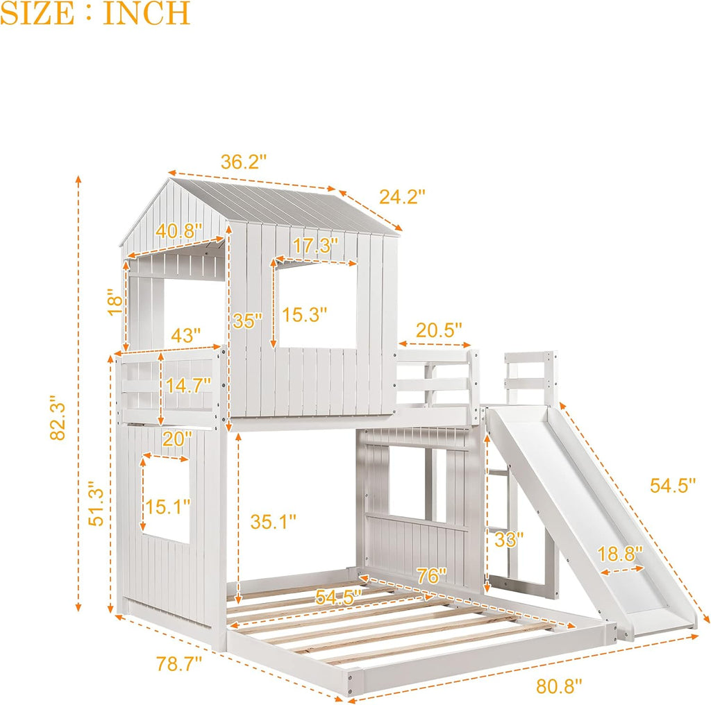 Twin Over Full Bunk Beds with Slide for Kids Toddlers, Play Farm House Roof Window Guardrail Ladder, for Girls Boys, No Spring Box Required (White-Slide-Twin-Full)