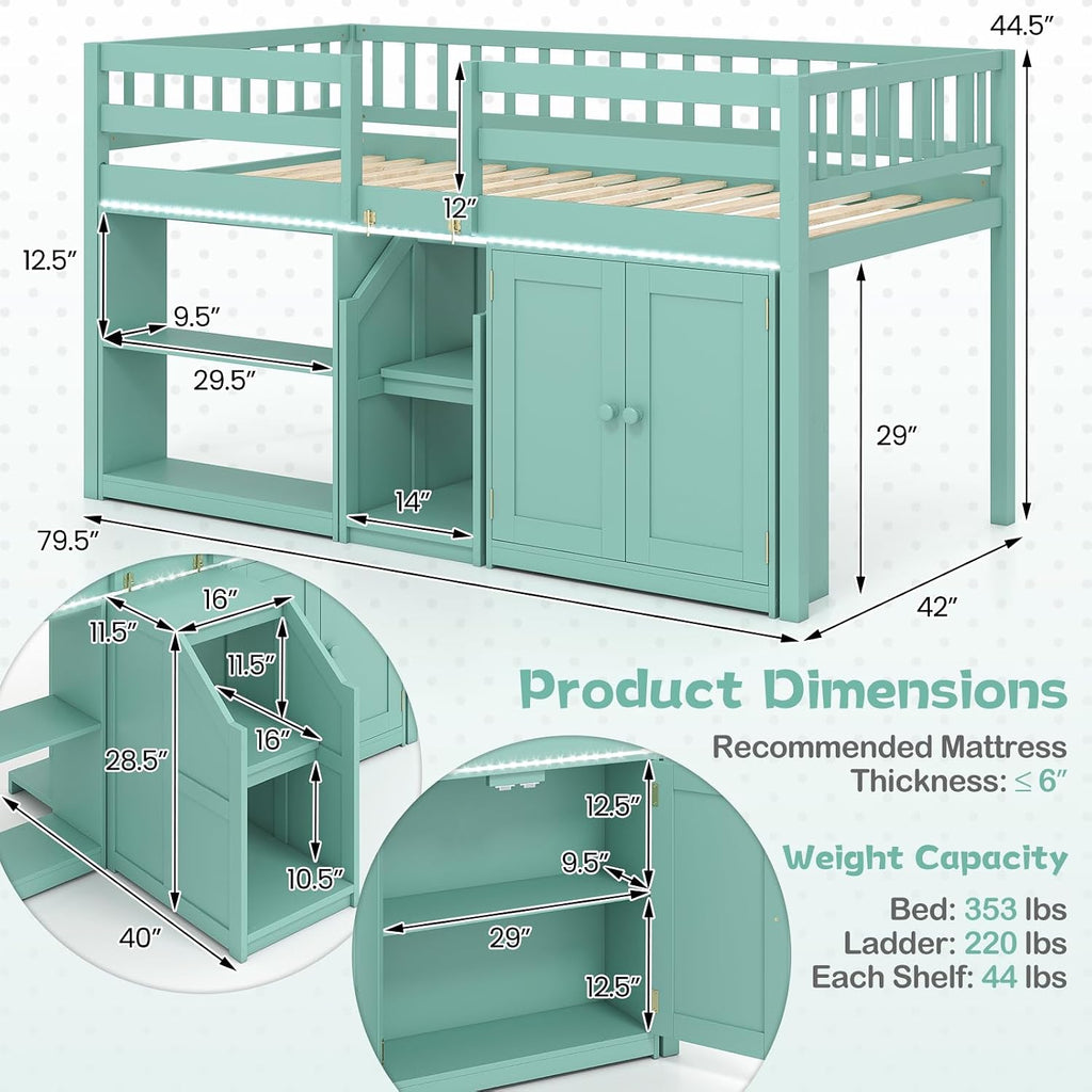 KOMFOTT Low Loft Bed with LED Light, Stairs & Guardrails, Modern Wood Kids Twin Bed with Under-Bed Space, Storage Cabinet and Shelves, Space-Saving Twin Loft Bed for Kids, No Box Spring Needed (Green)
