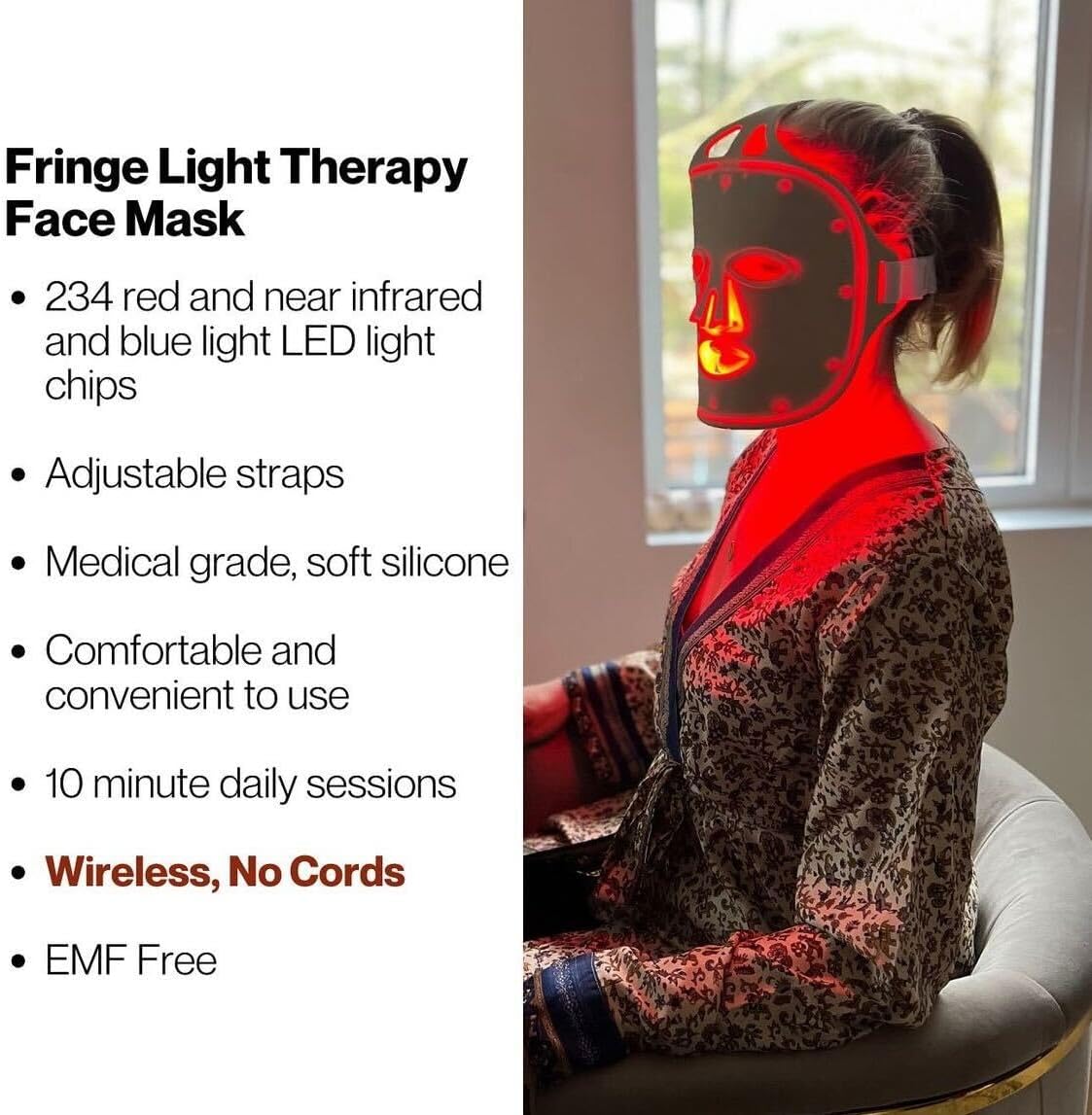 Fringe Red Face Mask, Both Red 660nm and Infrared 850nm for Rejuvenation & Blue 415nm for Blemishes, Beauty Mask, for Fine Lines and Wrinkles, 234 LED Lights
