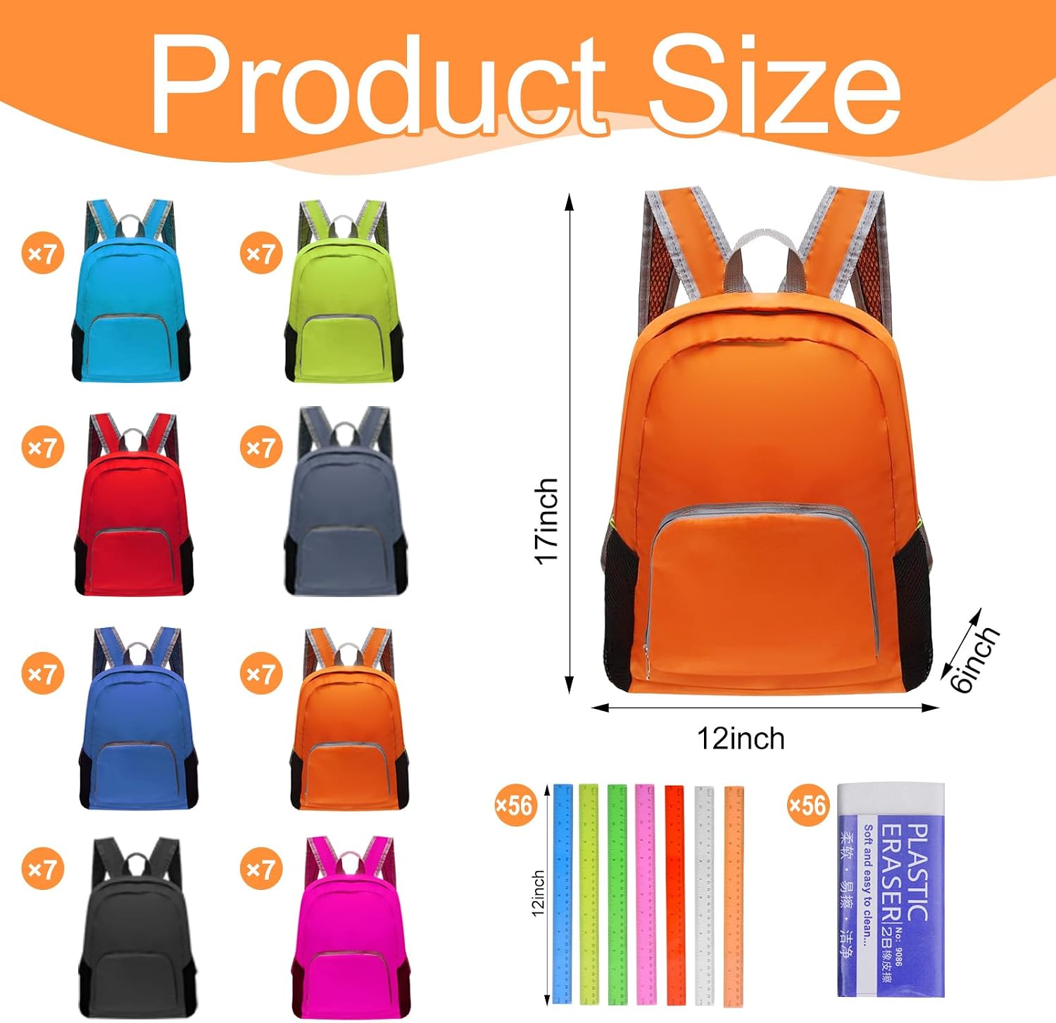 56 Pack Backpacks in Bulk 17 Inches Foldable Lightweight Bookbags for Boys Girls Basic Back with 56 Rulers 56 Erasers for Student Outdoor Travel School Supplies(8 Colors)