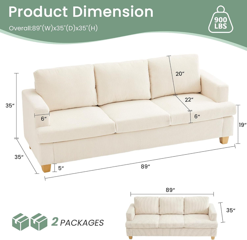 Fiona's magic 3 Pieces Corduroy Couch Set for Living Room, 7 Seats Cloud Sofa, Deep Seat Floor Couch for Bedroom, Futon Modern Sofa Bed, White Corduroy
