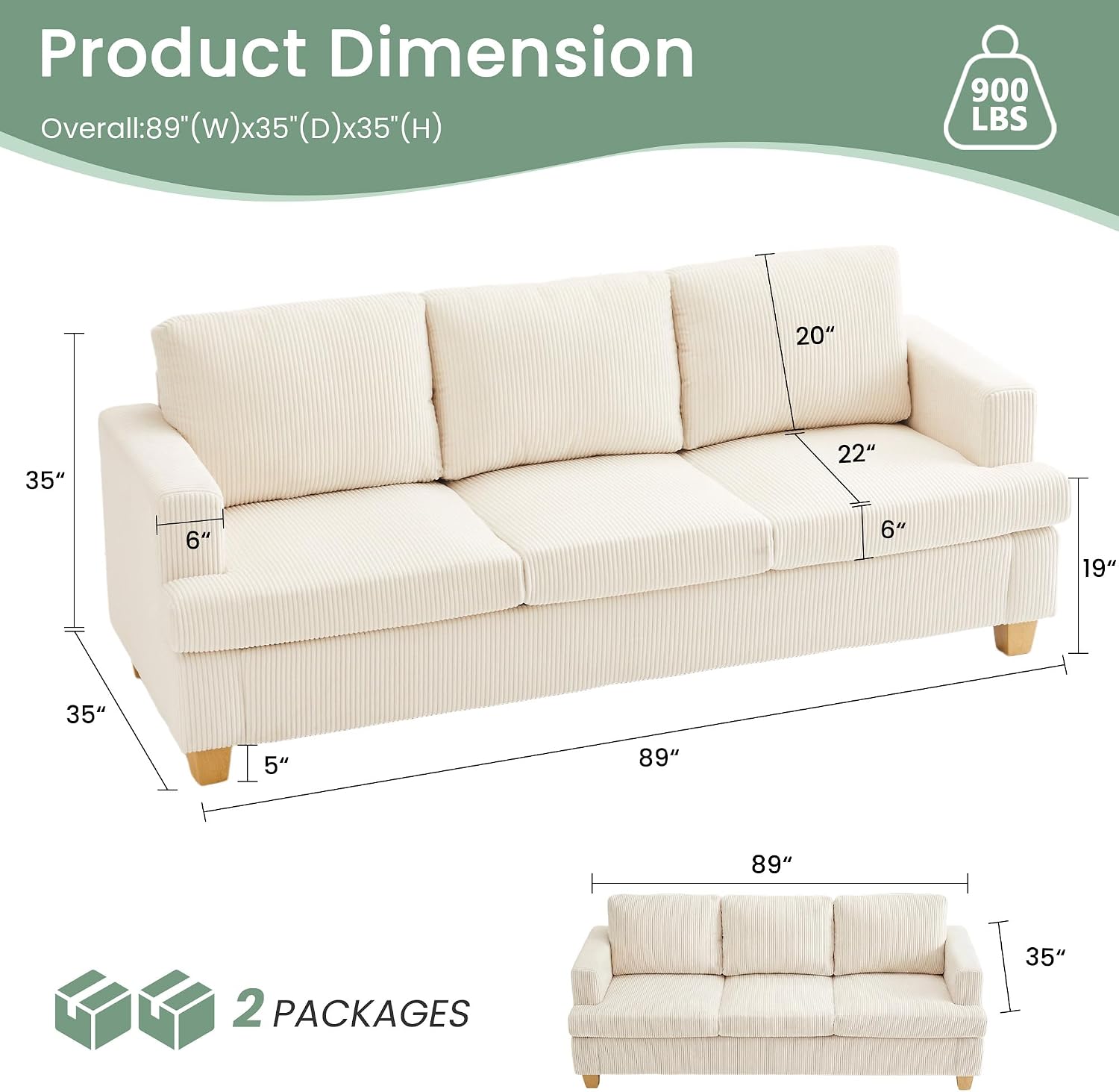 Fiona's magic 3 Pieces Corduroy Couch Set for Living Room, 7 Seats Cloud Sofa, Deep Seat Floor Couch for Bedroom, Futon Modern Sofa Bed, White Corduroy