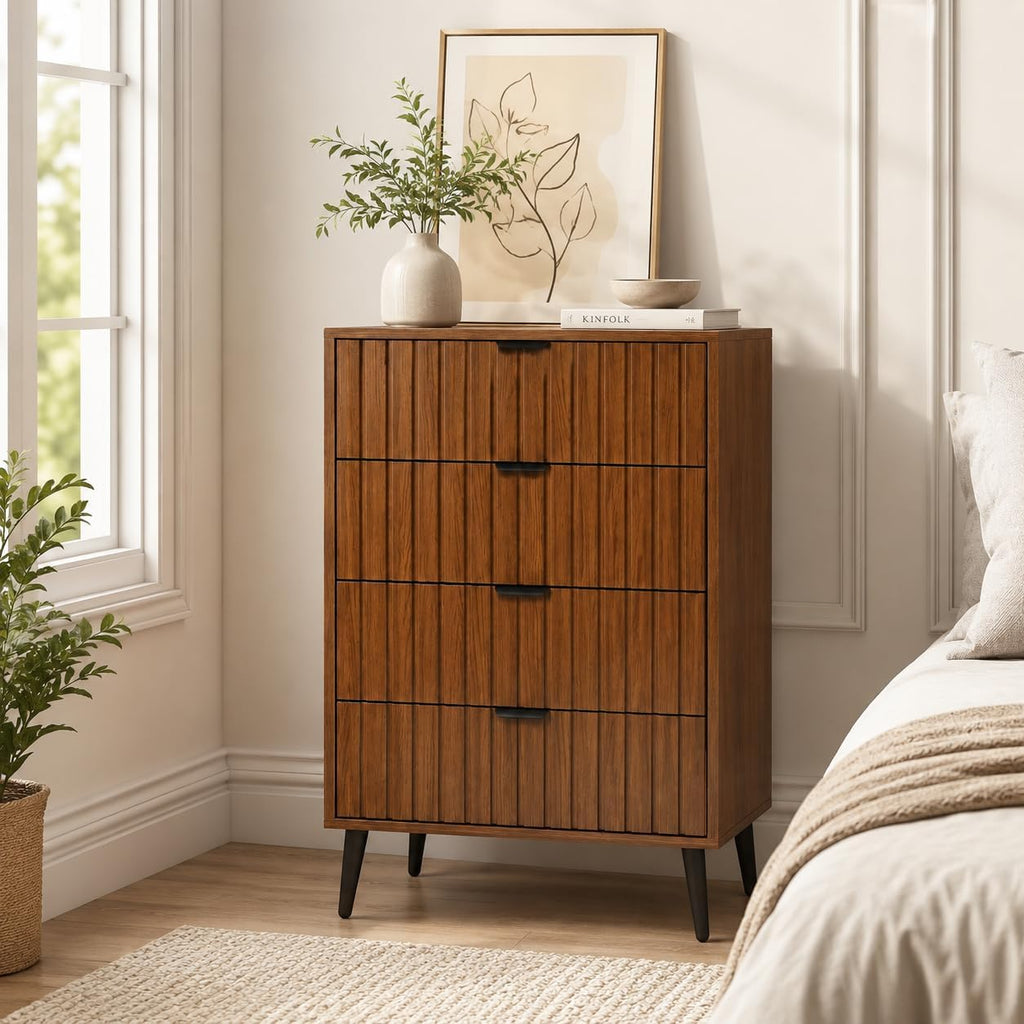 Fluted Dresser for Bedroom, 24'' Wide Modern Chest of Drawers, 4 Drawer Dresser Nightstand, Natural Wood Drawer Organizer for Bedroom, Living Room, Hallway, Walnut