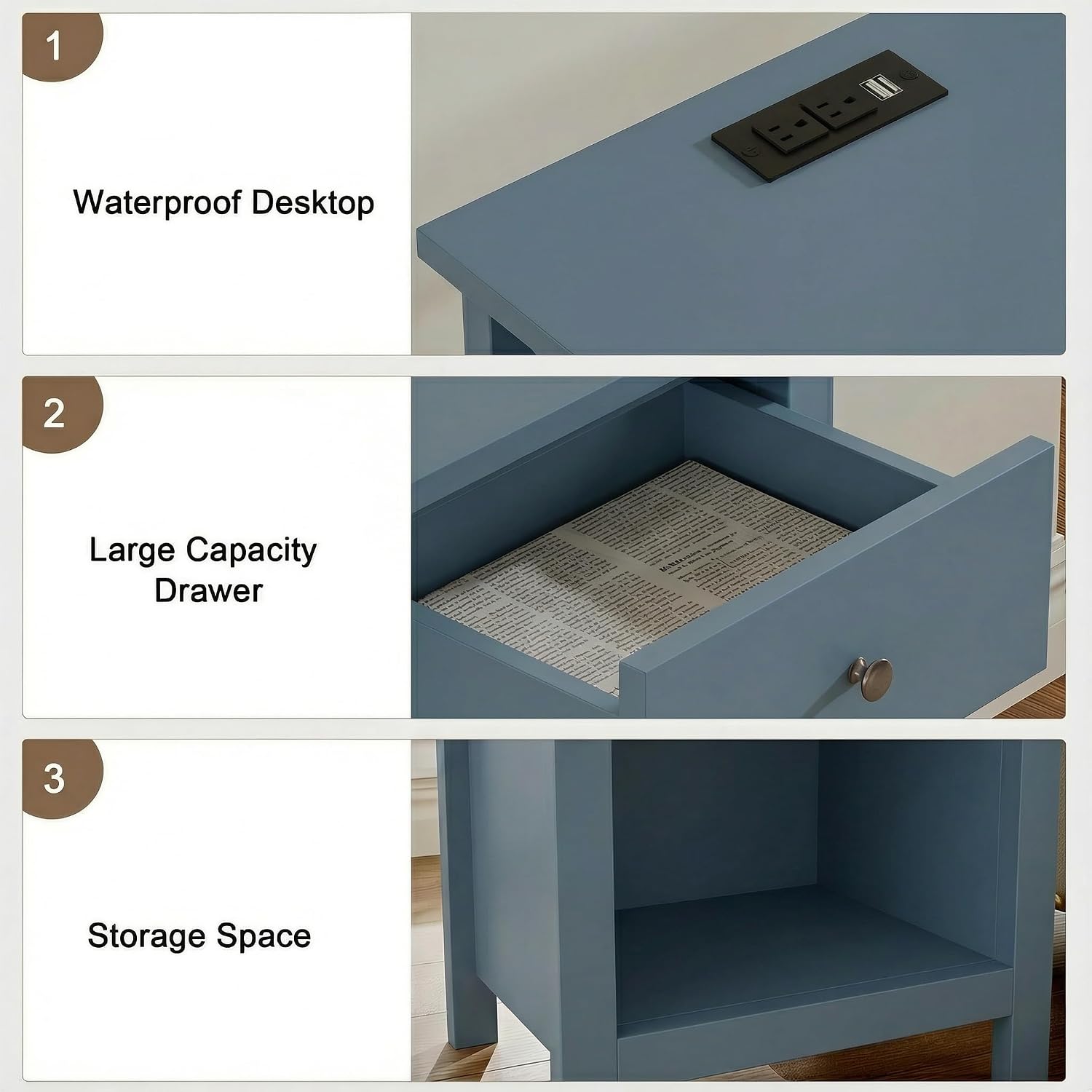 ChooChoo Farmhouse Nightstand Set of 2,Night Stand with Charging Station, Wooden Top Bedside End Table with Drawer and Storage Space for Bedroom, Blue