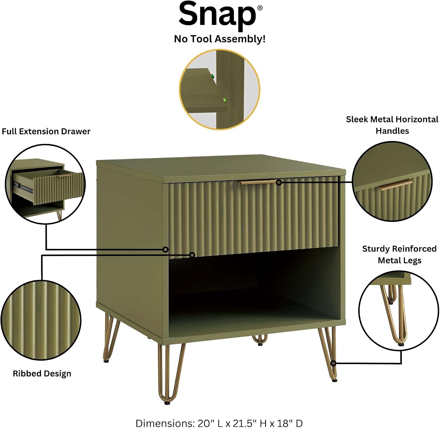 Manhattan Comfort DUMBO 2 Piece Modern Set, 3 Drawer Dresser, 1 Drawer Nightstand with Fluted Ribbed Front, Gold Metal Legs, No Tool Assembly, Storage Cabinet for Bedroom or Living Room in Olive Green