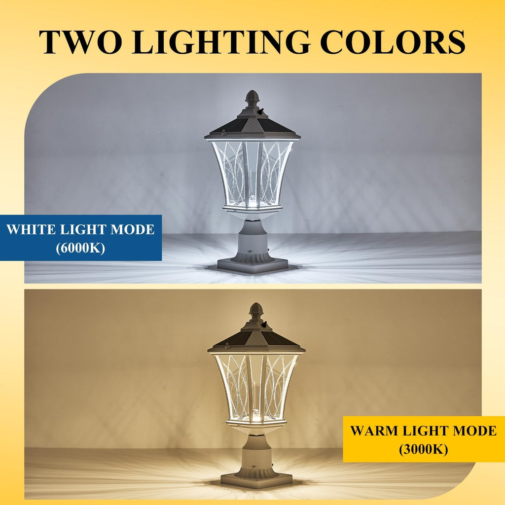 Outdoor Solar Post Lights with Pier Mount Base, White Dusk to Dawn Pillar Lamps with Patterned Glass, Waterproof Exterior Pole Lanterns with for Patio, Garden, Porch