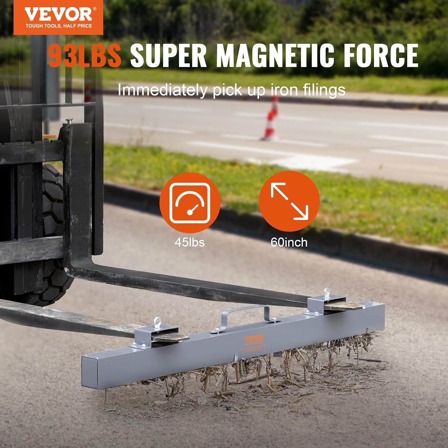 VEVOR 93 lbs Hanging Magnetic Sweeper Pickup Tool, Nail Hang-Type Magnetic Forklift Sweeper, Industrial-Grade Magnets Steel Material Hunting Accessories for Picking Up Nails Bolts Metals Iron Chips