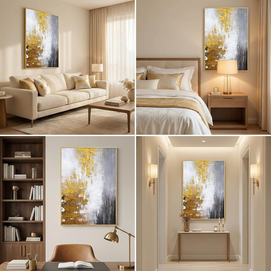 3D Textured Abstract Framed Wall Art for Living Room- Hand Painted Gold and White Abstract Oil Painting for Office-Large Modern Wall Decor for Corridor Stairwell Ready to Hang 28X40inches