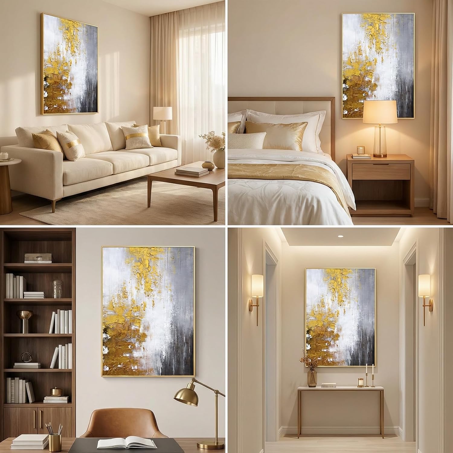 3D Textured Abstract Framed Wall Art for Living Room- Hand Painted Gold and White Abstract Oil Painting for Office-Large Modern Wall Decor for Corridor Stairwell Ready to Hang 28X40inches