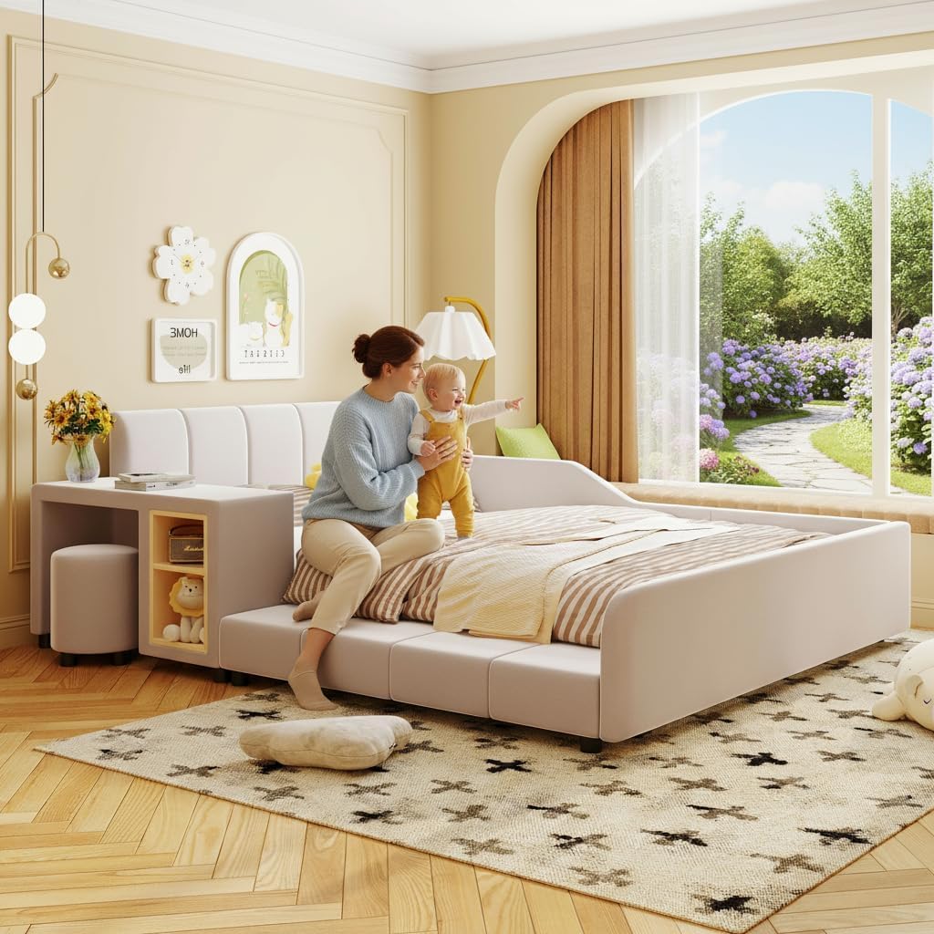 Full Size Upholstered Grounded Bed, Mother & Child Bed with Bedside Desk and Little Round Stool (Beige)