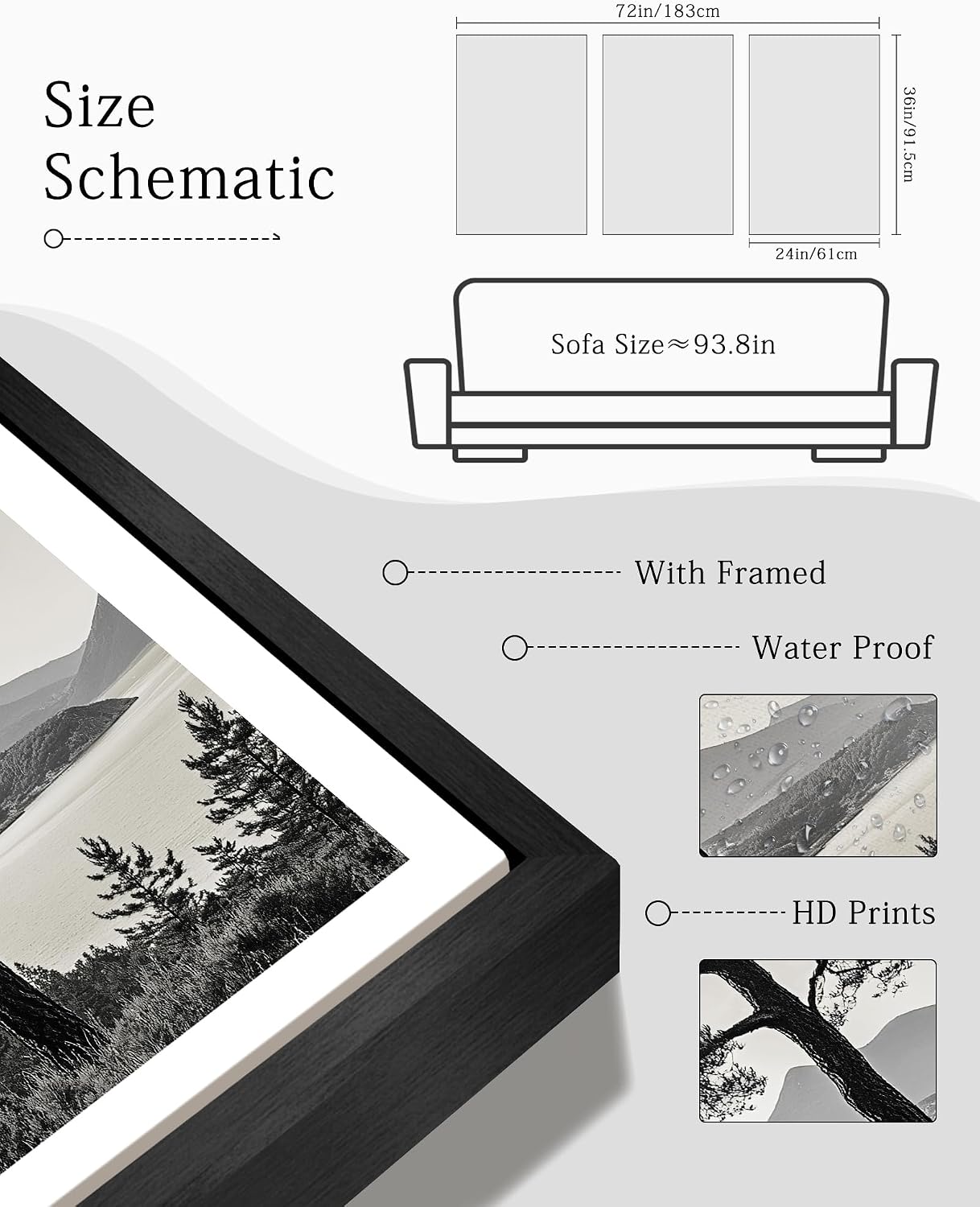 KUVIOKE Vintage Tree Framed Wall Art Black and White Retro Antique Forest Drawings Nature Wilderness Sketch Wall Painting Modern Bedroom Decor 24x36in (Black Framed)