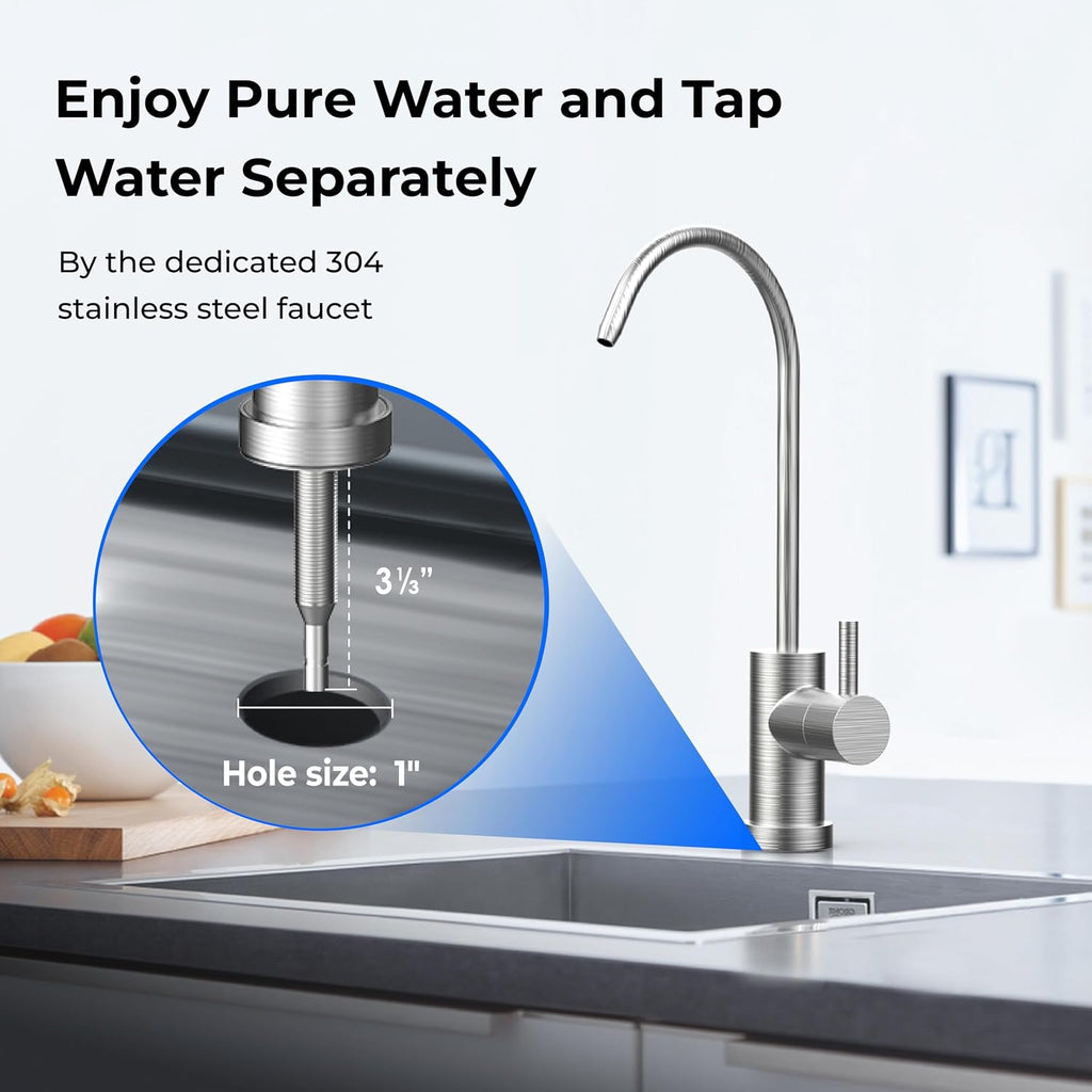 Waterdrop TST-B 0.01 Micron Ultra Filtration Under Sink Water Filter, 3-Stage Stainless Steel Under Sink Water Filtration System with Dedicated Faucet, Removes Chlorine, Taste&Odor (Drilling Required)
