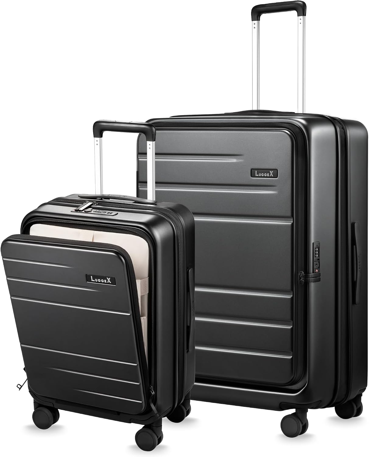 LUGGEX Luggage Sets 2 Pieces, Expandable 20 Inch Carry On Luggage and 28 Inch Checked Suitcase with Front Opening (FX-Core, Black, 2 Piece (20/28))