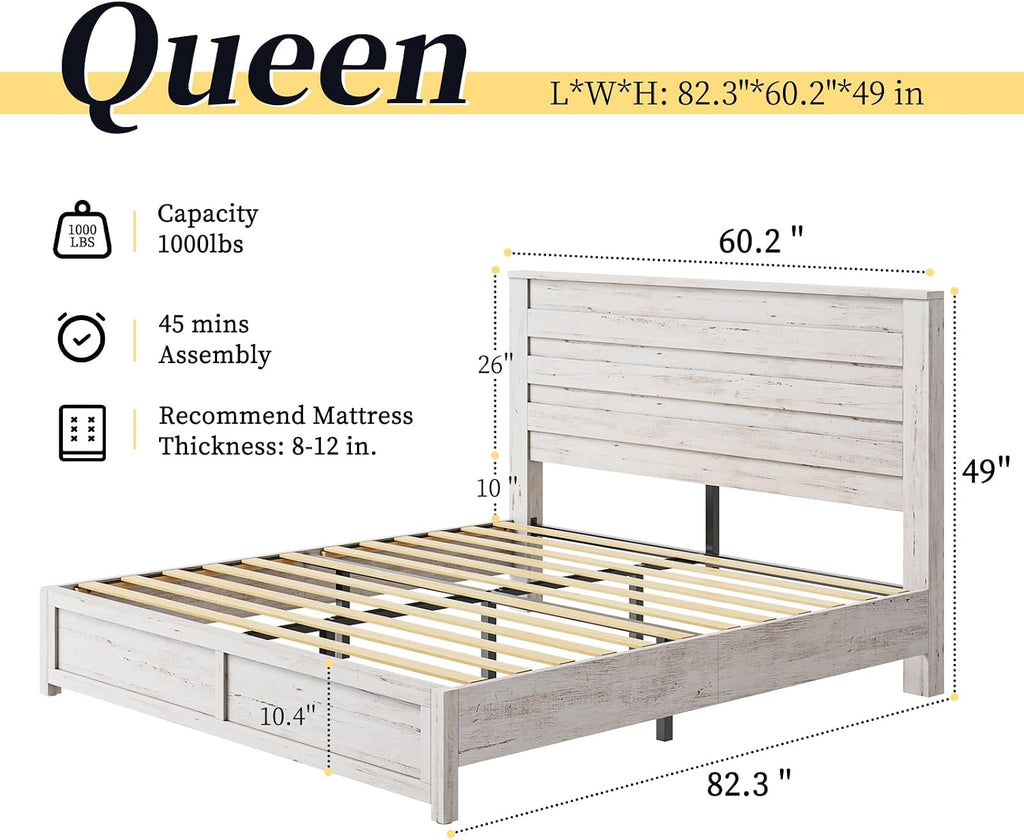 LUXOAK Farmhouse Queen Bed Frame with 49' Tall Headboard, Wooden Platform Bed with Hidden Metal Bed Frame, No Box Spring Needed/Noise Free, Distressed White