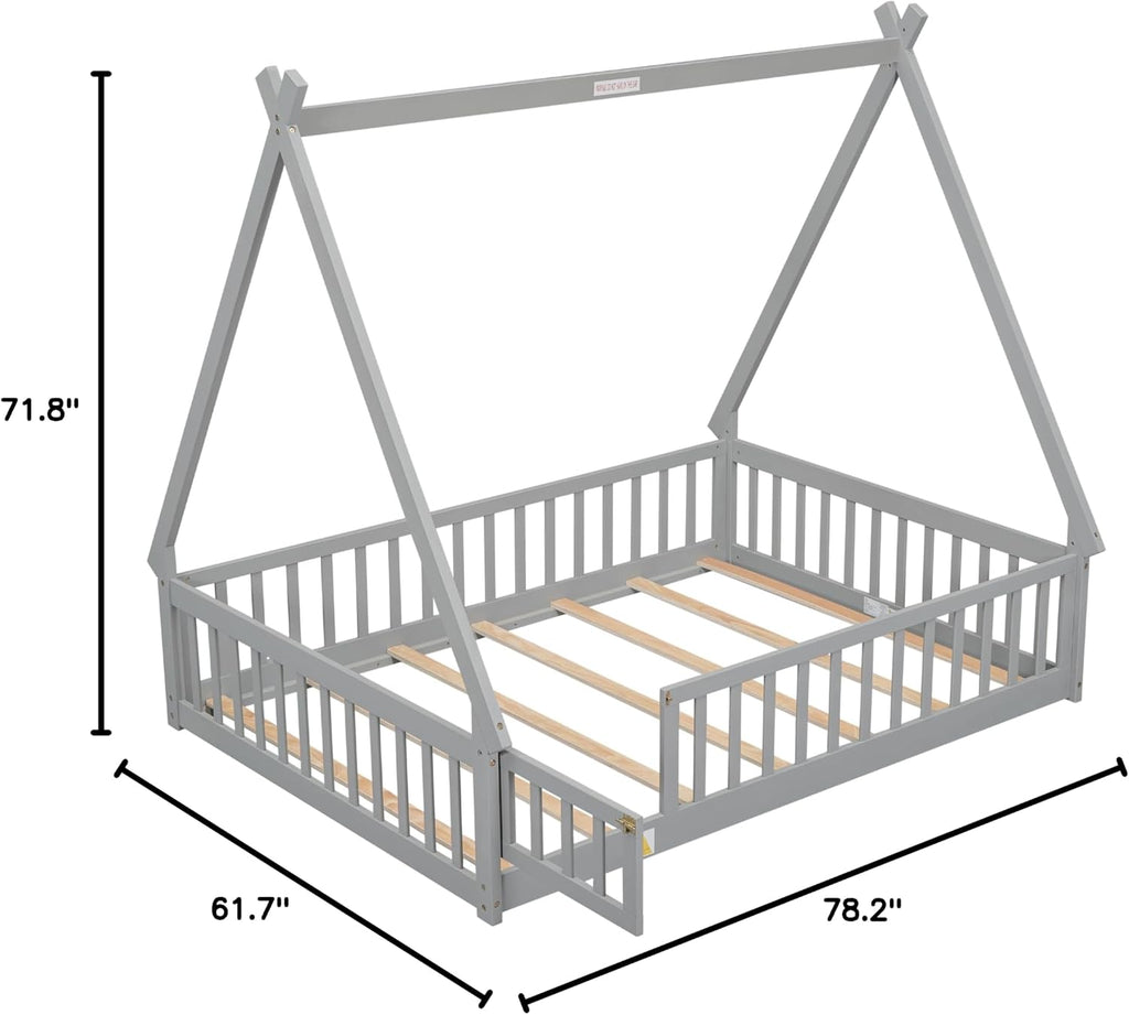 JIVOIT Full Size Tent-Shaped Floor Bed with Door, House Platform Bed Tent Bed Frame with Fence-Shaped Guardrails and Wood Slats Support, Wood Floor Play House Bed for Kids Boys Girls Teens (Gray,2)