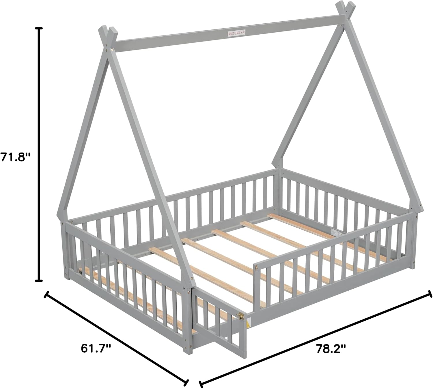 JIVOIT Full Size Tent-Shaped Floor Bed with Door, House Platform Bed Tent Bed Frame with Fence-Shaped Guardrails and Wood Slats Support, Wood Floor Play House Bed for Kids Boys Girls Teens (Gray,2)
