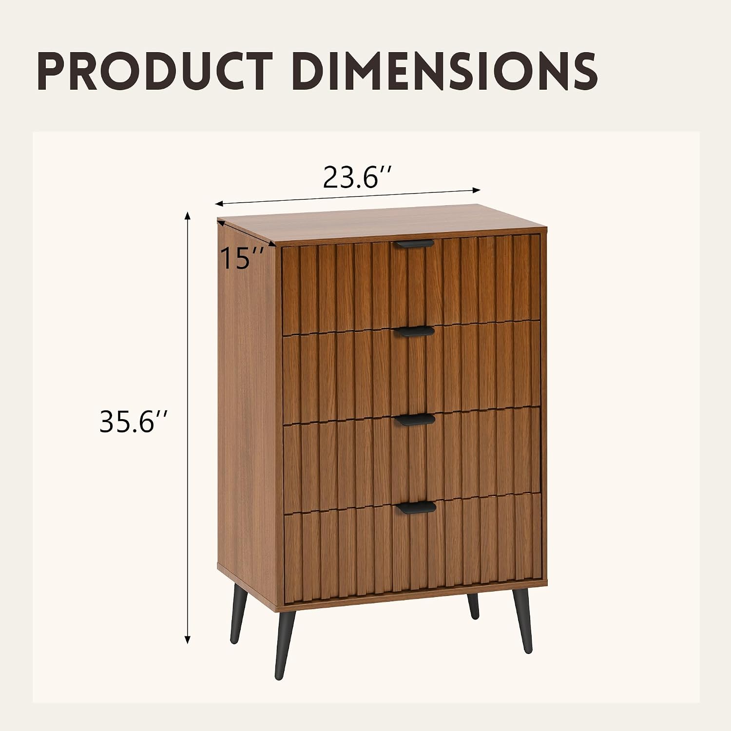 Fluted Dresser for Bedroom, 24'' Wide Modern Chest of Drawers, 4 Drawer Dresser Nightstand, Natural Wood Drawer Organizer for Bedroom, Living Room, Hallway, Walnut