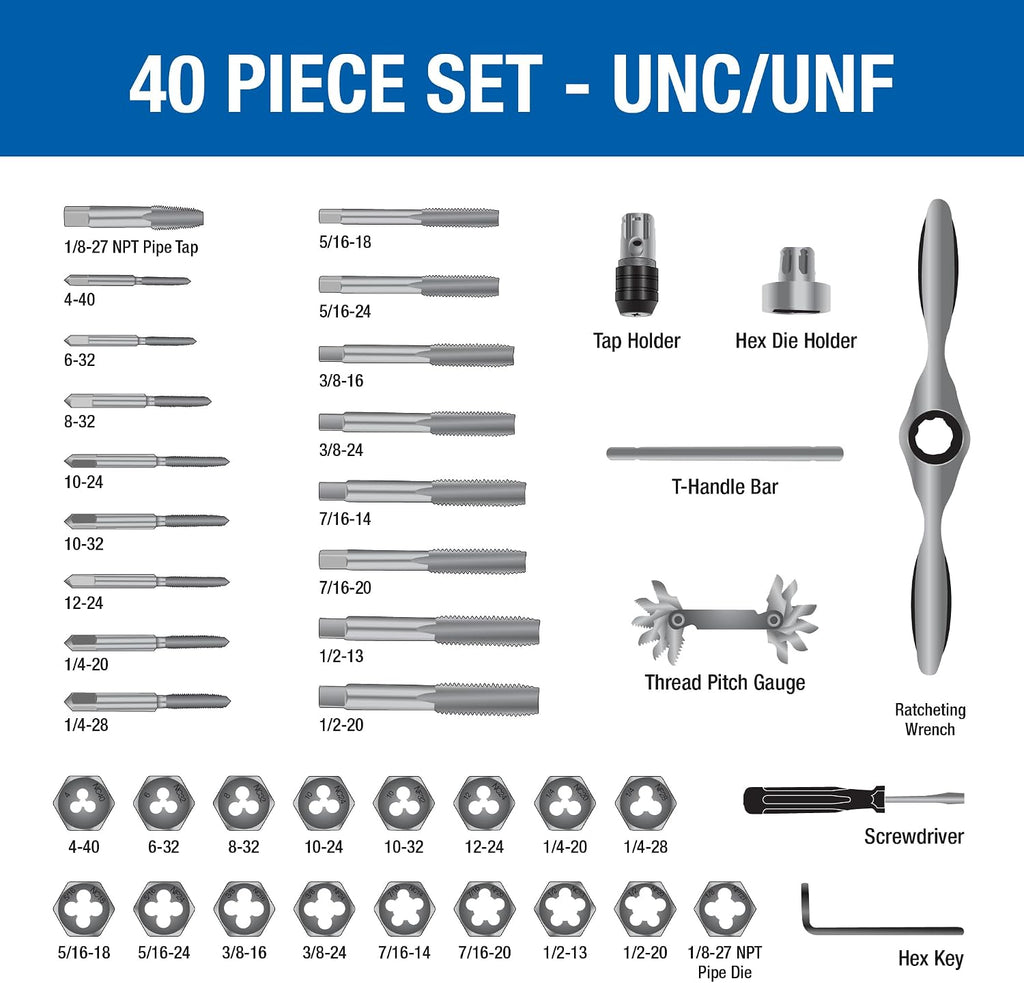 Champion Cutting Tool 40-Piece Tap and Die Set, UNC/UNF SAE Sizes with Ratcheting Wrench, High Speed Plug Taps and Hex Dies for Metalworking, Automotive, Construction, Part# CS40P-A