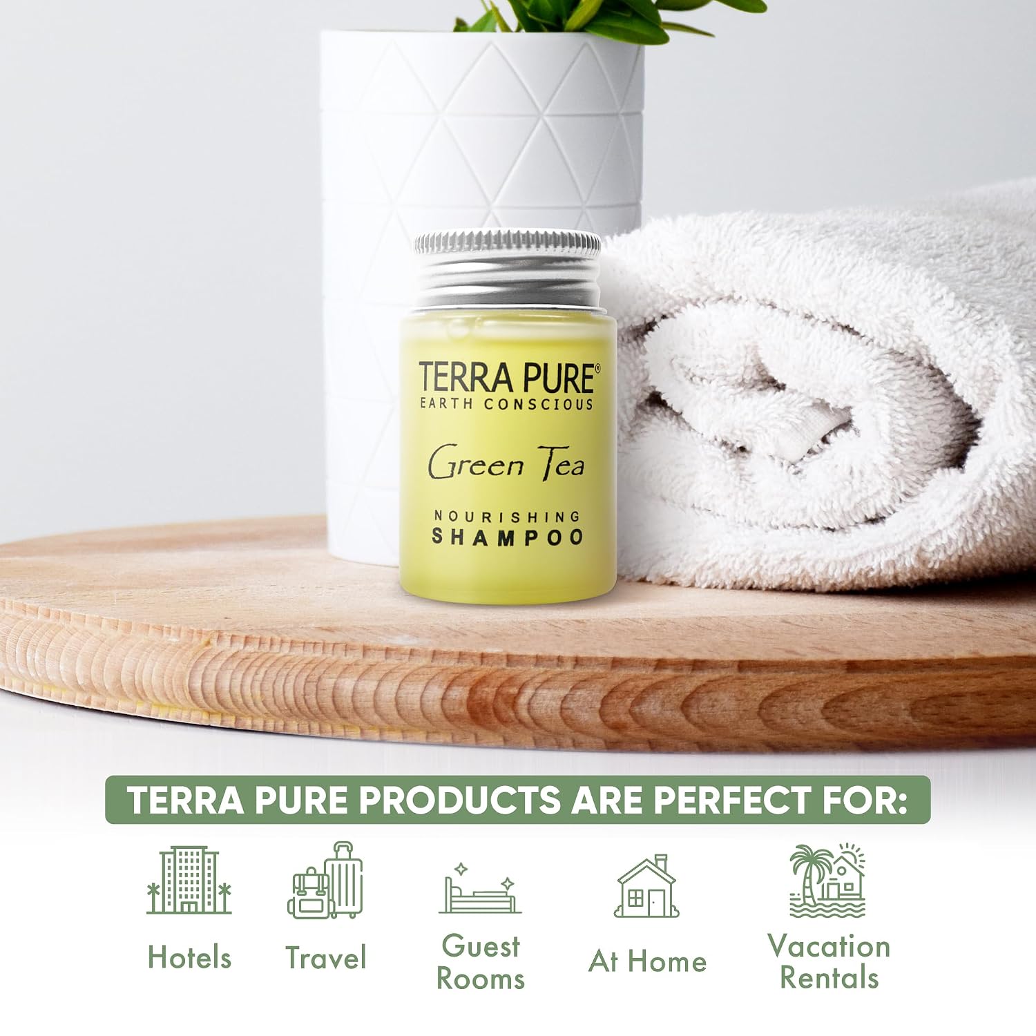 Terra Pure Travel Size Hotel Shampoo 300 Count 1 oz Bottles Guest Amenities for Hotels Vacation Rentals and Short Term Rentals Paraben Free Green Tea Scent Infused with Aloe and Olive Oil