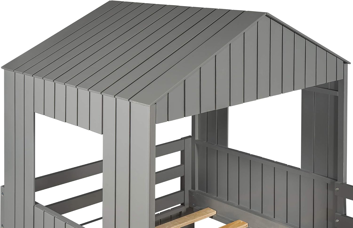 Twin Over Full Bunk Beds with Slide for Kids Toddlers, Play Farm House Roof Window Guardrail Ladder, for Girls Boys, No Spring Box Required (Gray-Slide-Twin-Full)