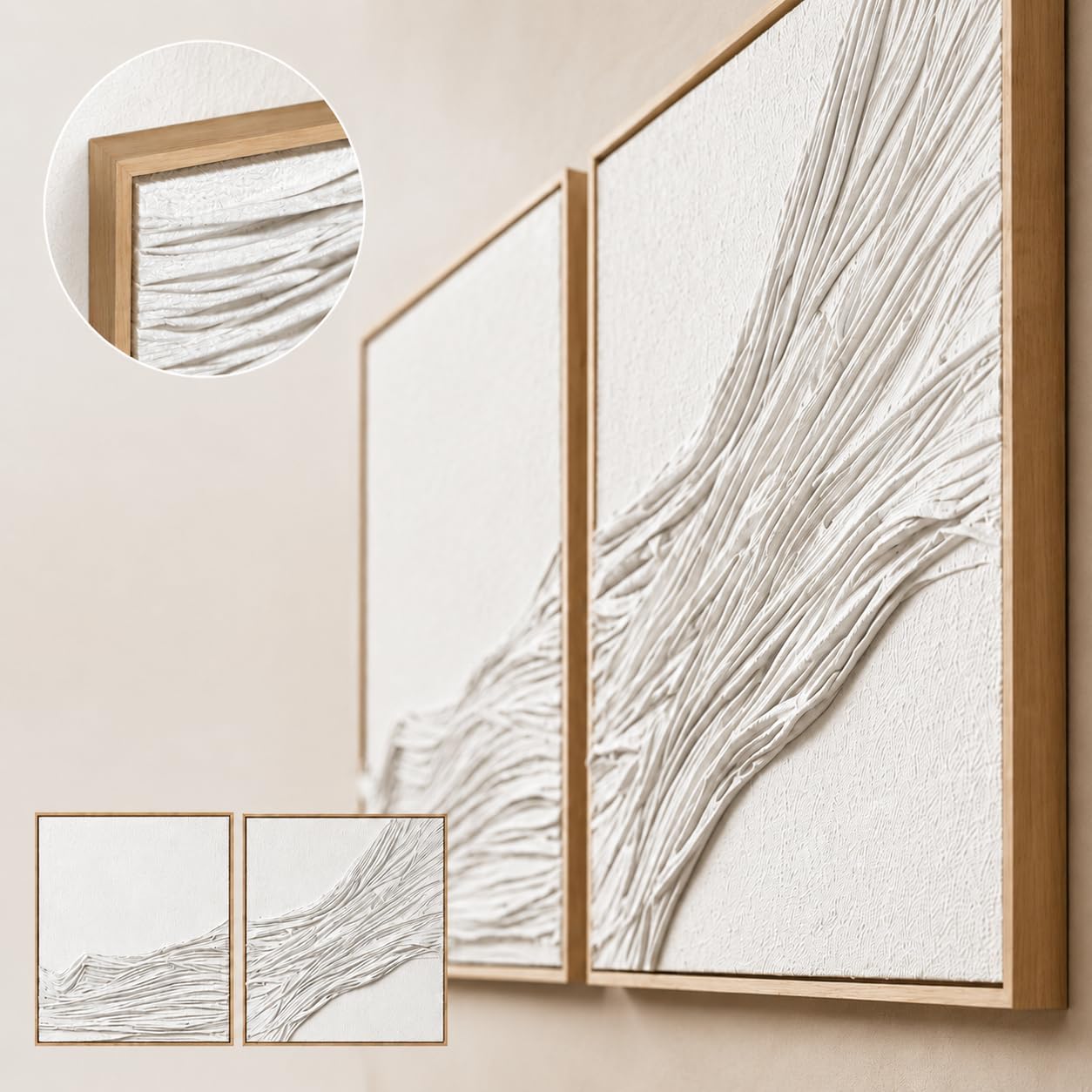 Artists' 3D Textured Wall Art Set of 2, Large Framed Beige Abstract Fabric Wall Decor, Neutral Modern Wall Art for Living Room Bedroom Hallway, 30x30 Inch, 2 Pieces