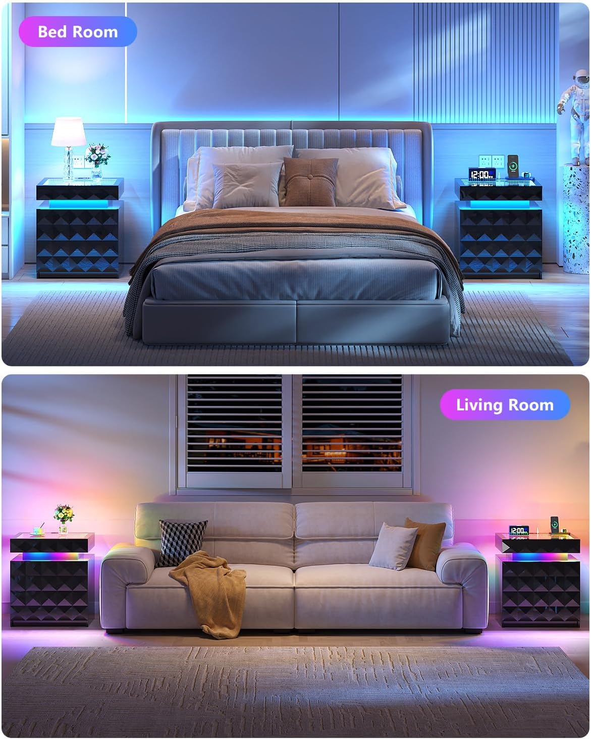Bedside Table with Charger Station and RGB Lights, Nightstand with 3 Drawers and Sliding Top, Modern Night Stand with Human Body Sensor for Bedroom & Living Room, Black
