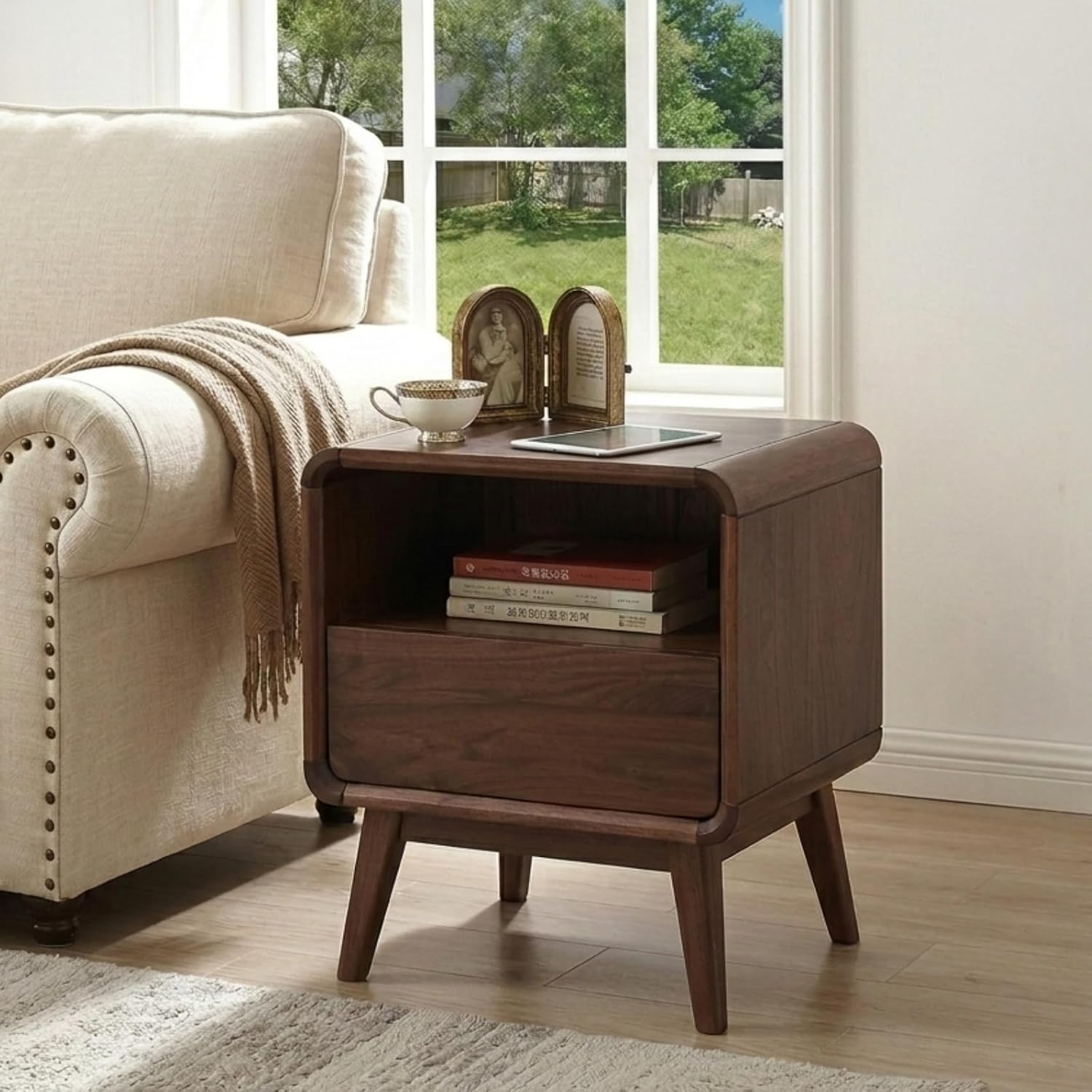 100% Solid Wood Nightstand, Walnut Night Stand with Drawer and Open Shelf, Mid Century Nightstand, Wooden Nightstands, Small Nightstands for Small Spaces Bedroom(Dark Black Walnut, 20.47' H)