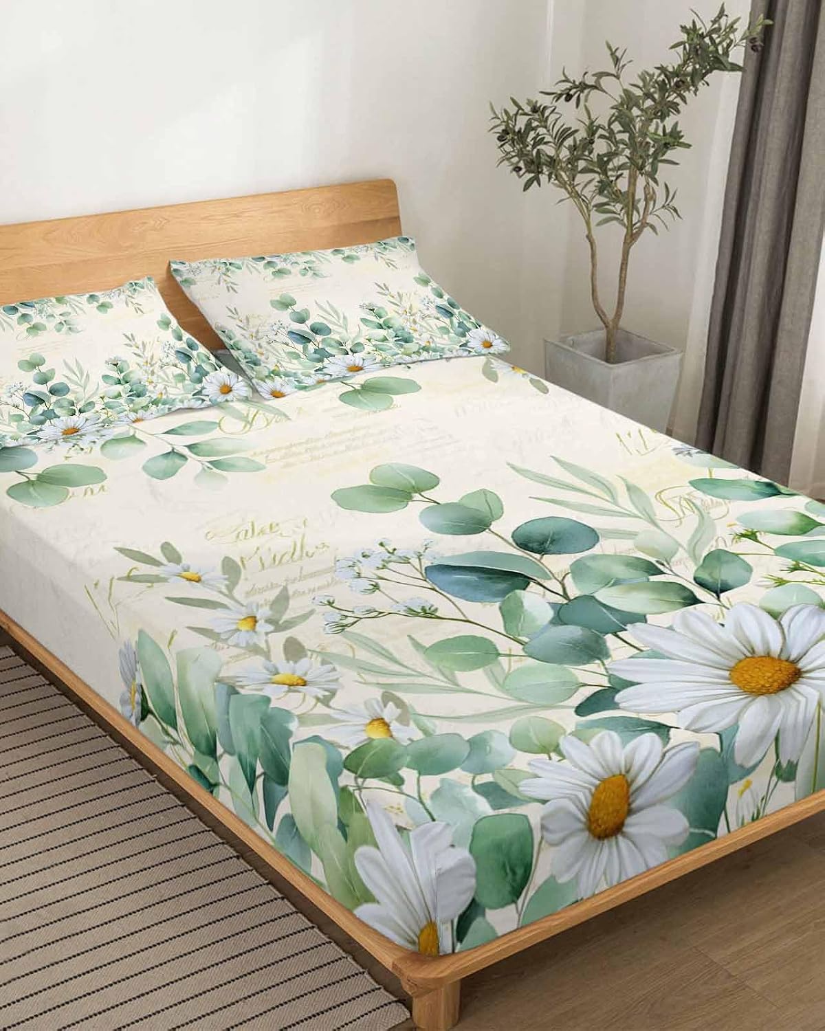 Green Eucalyptus Leaves Cal King Sheet Set 4 Piece Bedding - Daisy Summer Botanical Farmhouse Breathable Comfy Cooling Bed Sheets & Pillowcase Sets, Hotel Luxury Flat Sheets Deep Pockets Fitted Sheet