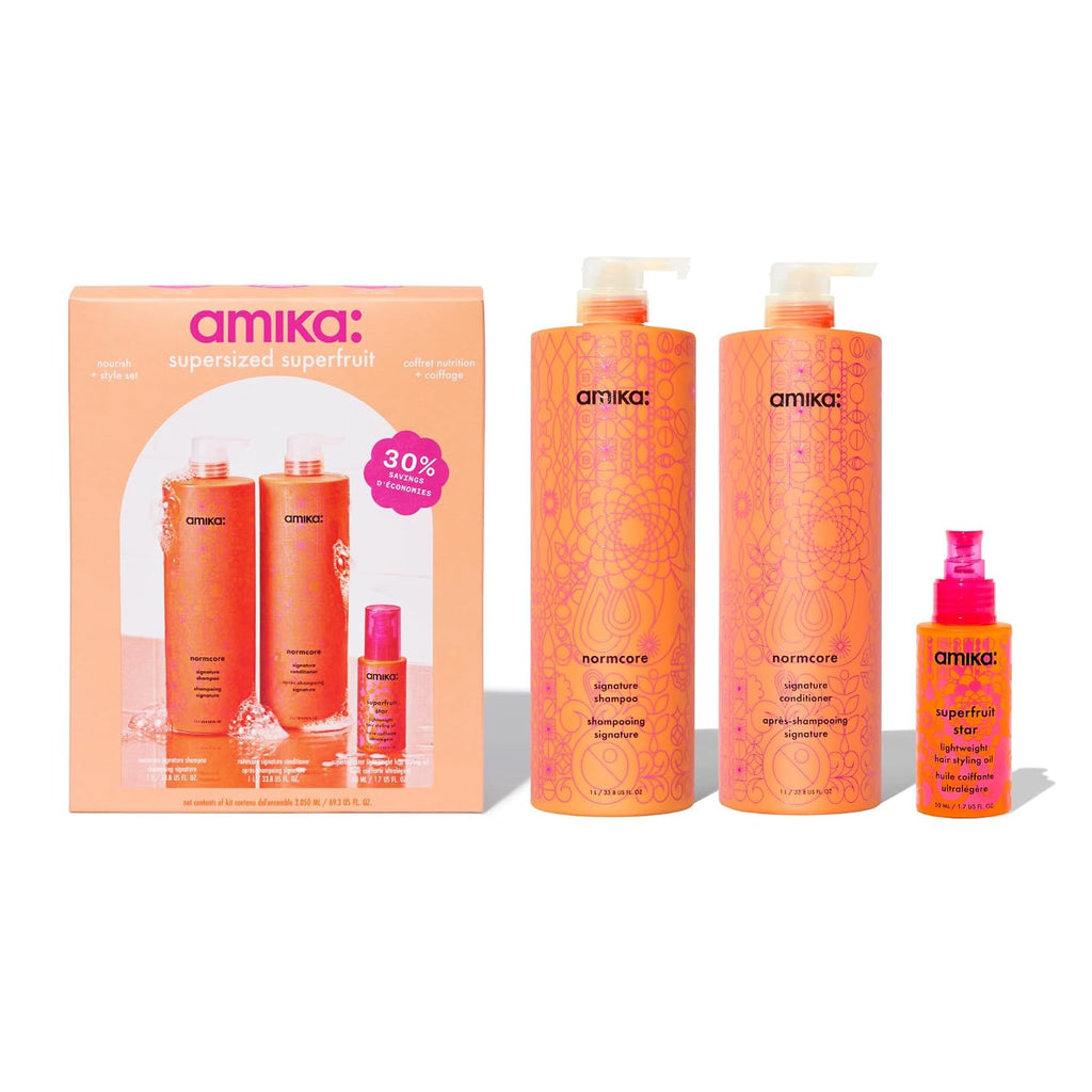 amika supersized superfruit nourish + style set | for fine-to-thick hair types 1-3c seeking softer and more conditioned hair, liter set for soft hair