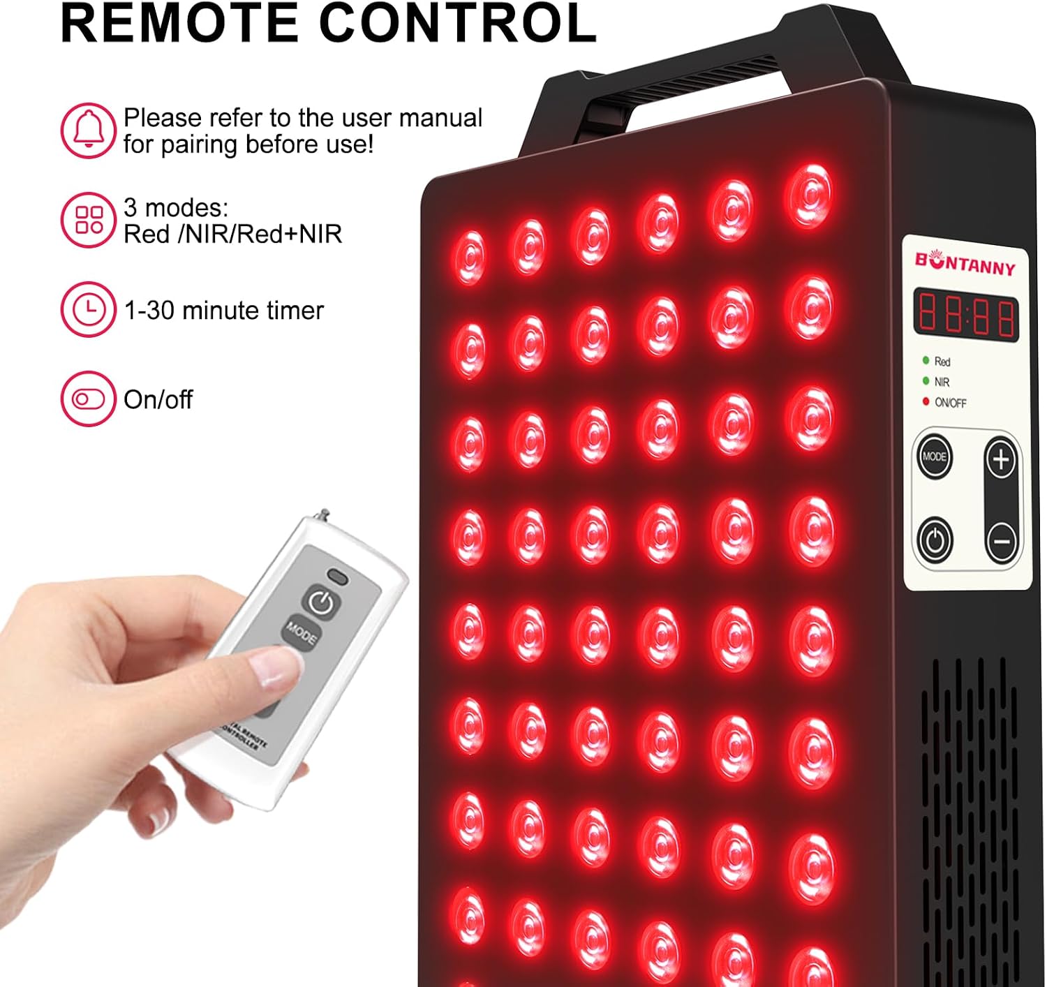 BONTANNY Red Light Therapy, 660nm 850nm 2-Wavelength Red Near Infrared Light Device with 60 Dual Chip Clinical Grade LEDs, Remote Control, Timer for Face, Body, Skin, Pain Relief, BO-300 (Black)