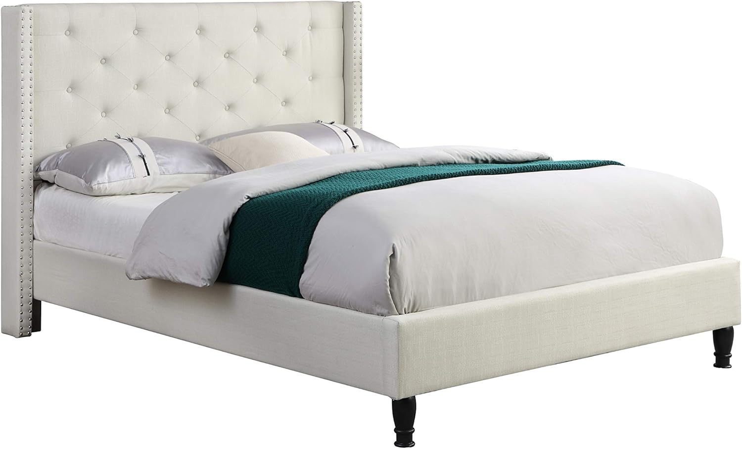 HomeLife Premiere Classics Cloth Light Beige Cream Linen 51' Tall Headboard Platform Bed with Slats Full - Complete Bed 5 Year Warranty Included-007