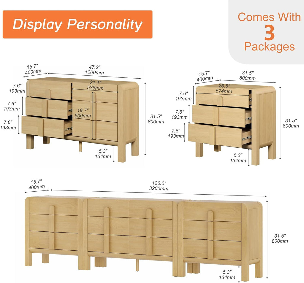 WAMPAT 3 Piece Bedroom Dresser Set, 110.2' Wide Mid Century Modern Chest of Drawers with Curved Handles, Dresser TV Stand with 12 Drawers, Wood Drawer Organizer for Bedroom, Oak