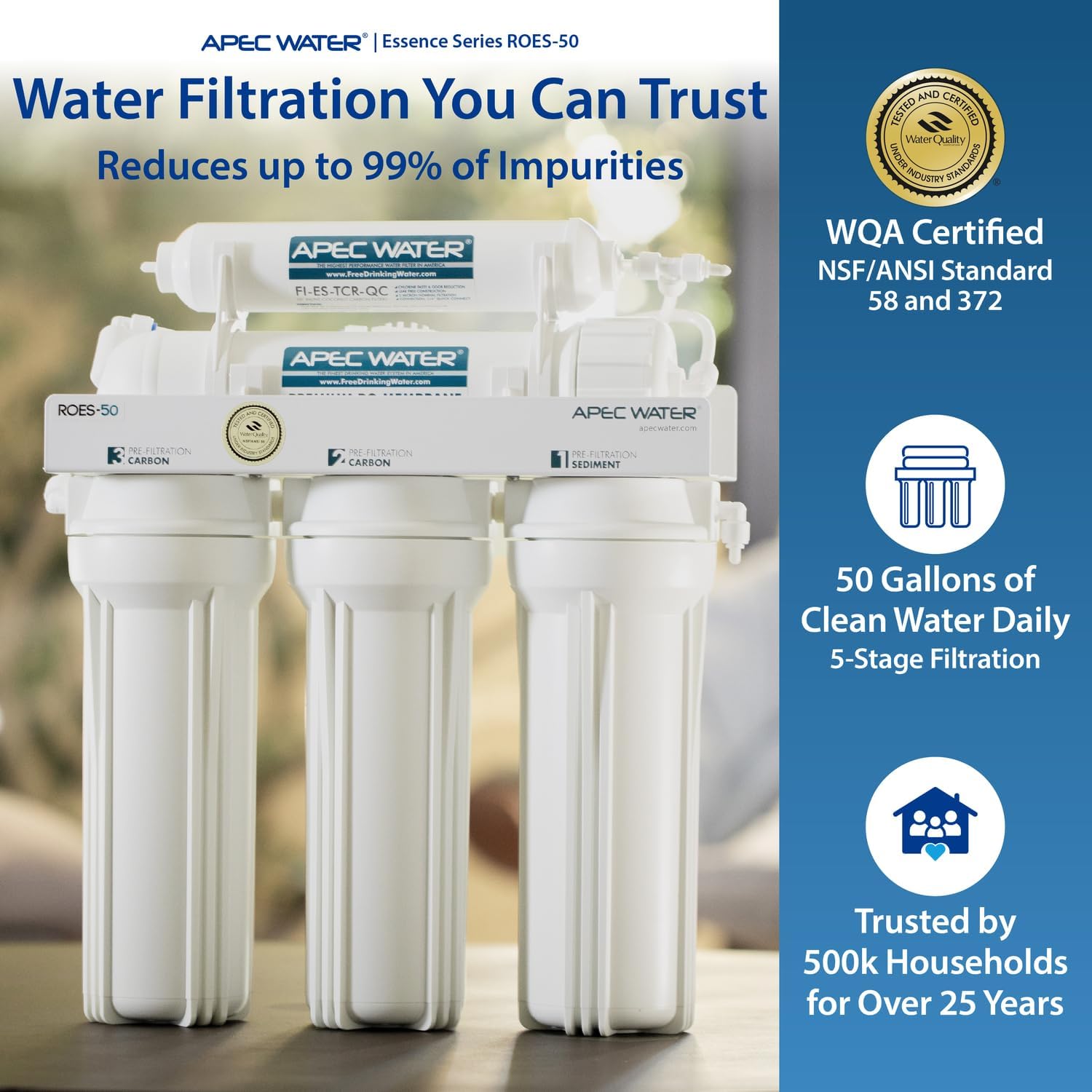APEC Water ROES-50, 5-Stage Under Sink Reverse Osmosis Water Filter System, NSF Certified 372 & 58, 50 GPD, Reduces 99% of Impurities