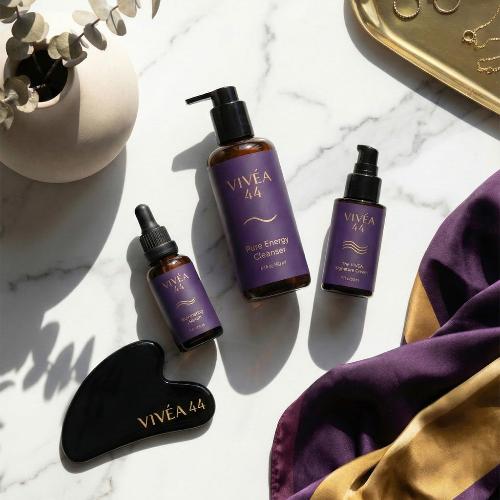 The Vivéa Ritual – 3-Piece Skincare Set with Cleanser, Vitamin C Serum & Moisturizer – Daily Hydrating and Brightening Routine for Smooth Radiant Skin – Vegan & Cruelty-Free + Gua Sha