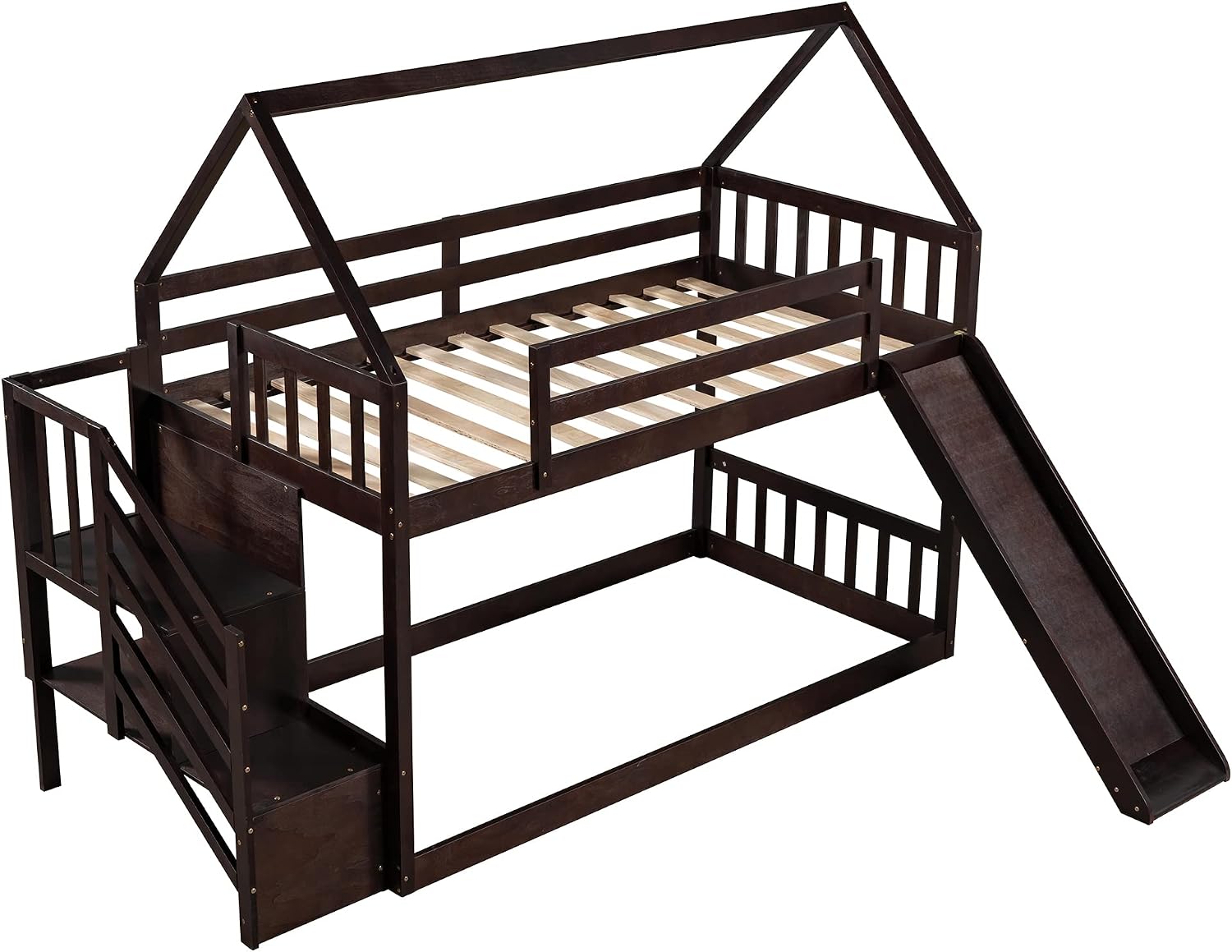 Twin Over Twin Bunk Bed with Slide for Kids Toddlers, House Bunk Bed Farm with Storage Steps and Roof Guardrail for Girls/Boys, No Spring Box Required (Espresso-Storage Steps#2)