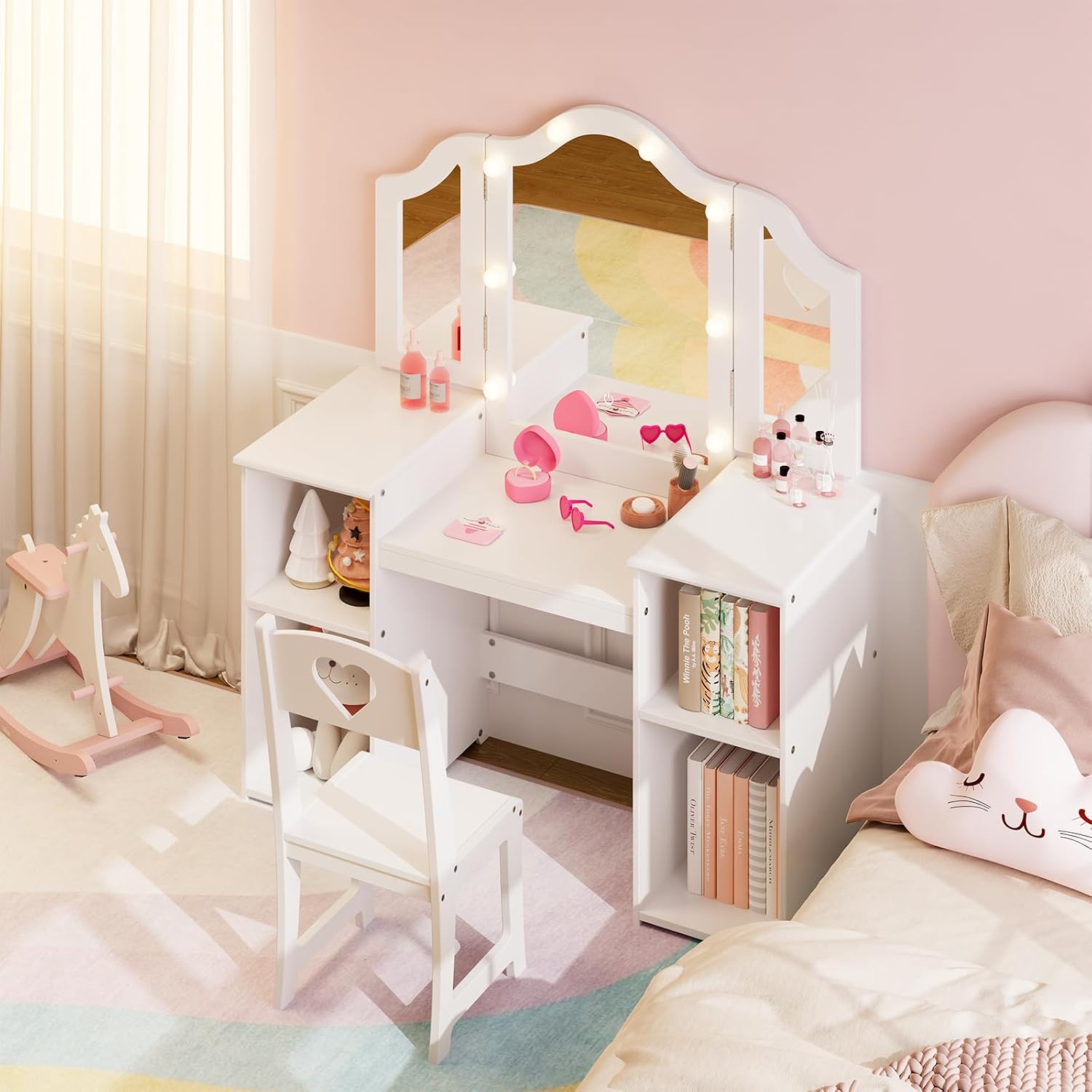Kids Vanity Table and Chair Set, 2 in 1 Princess Vanity with Touch Light Tri-Folding Mirror, Detachable Makeup Wood Desk with Storage Shelves, Convertible Kids Desk for Girls，White